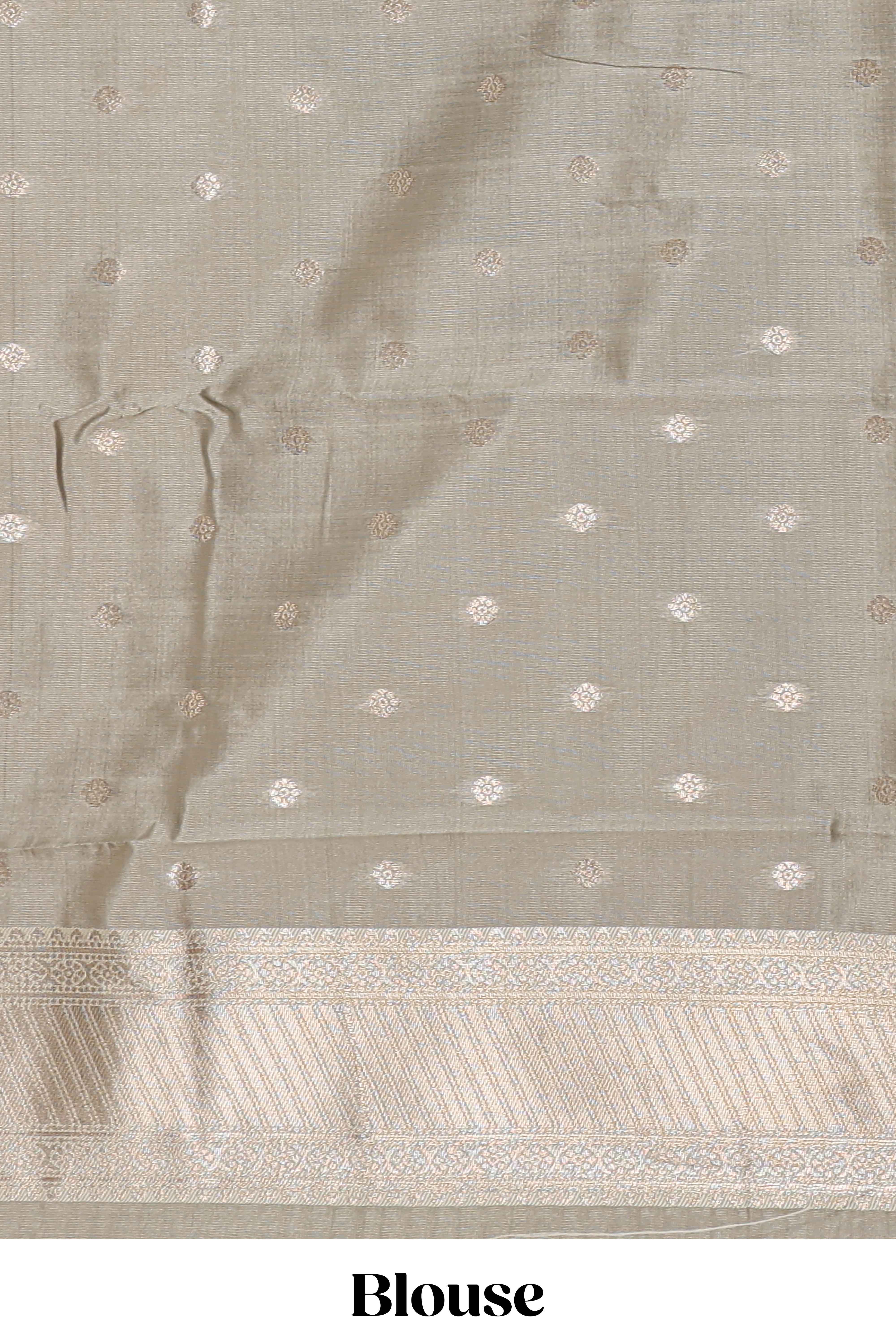 Dark brown zari butta design semi soft silk saree with contrast border and blouse
