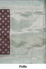 Dark brown zari butta design semi soft silk saree with contrast border and blouse
