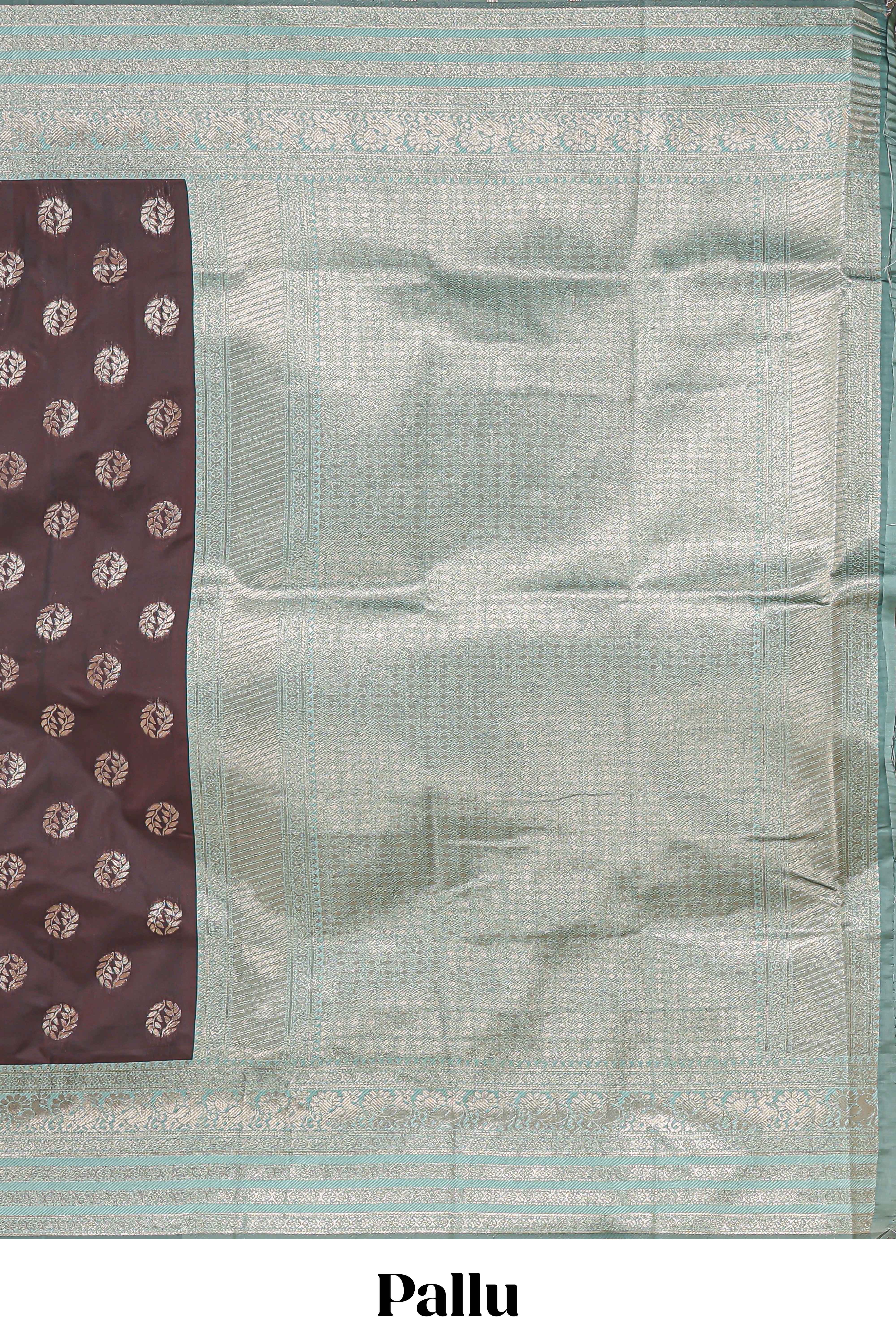 Dark brown zari butta design semi soft silk saree with contrast border and blouse