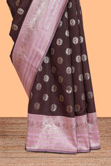Dark brown zari butta design semi soft silk saree with contrast border and blouse