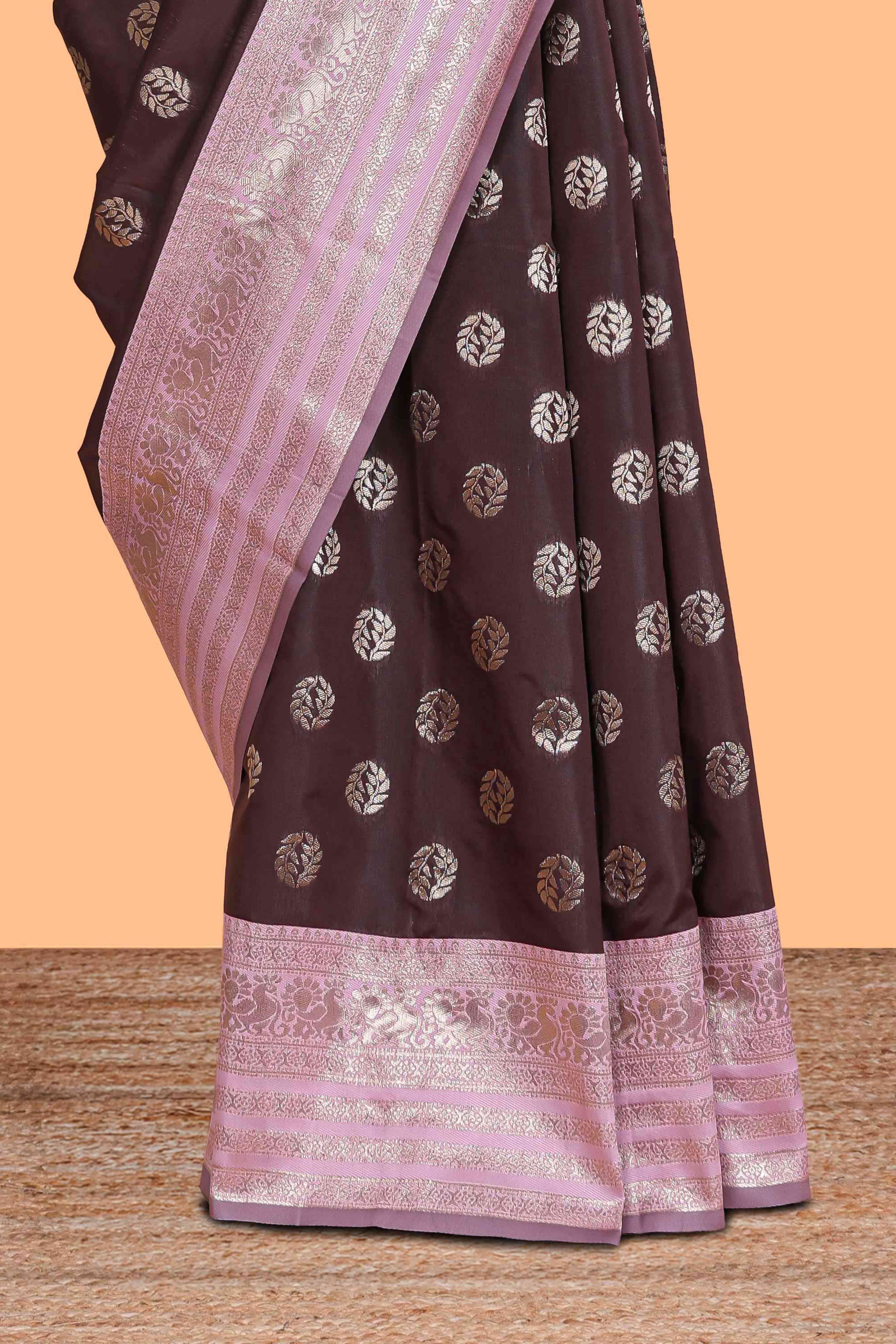 Dark brown zari butta design semi soft silk saree with contrast border and blouse