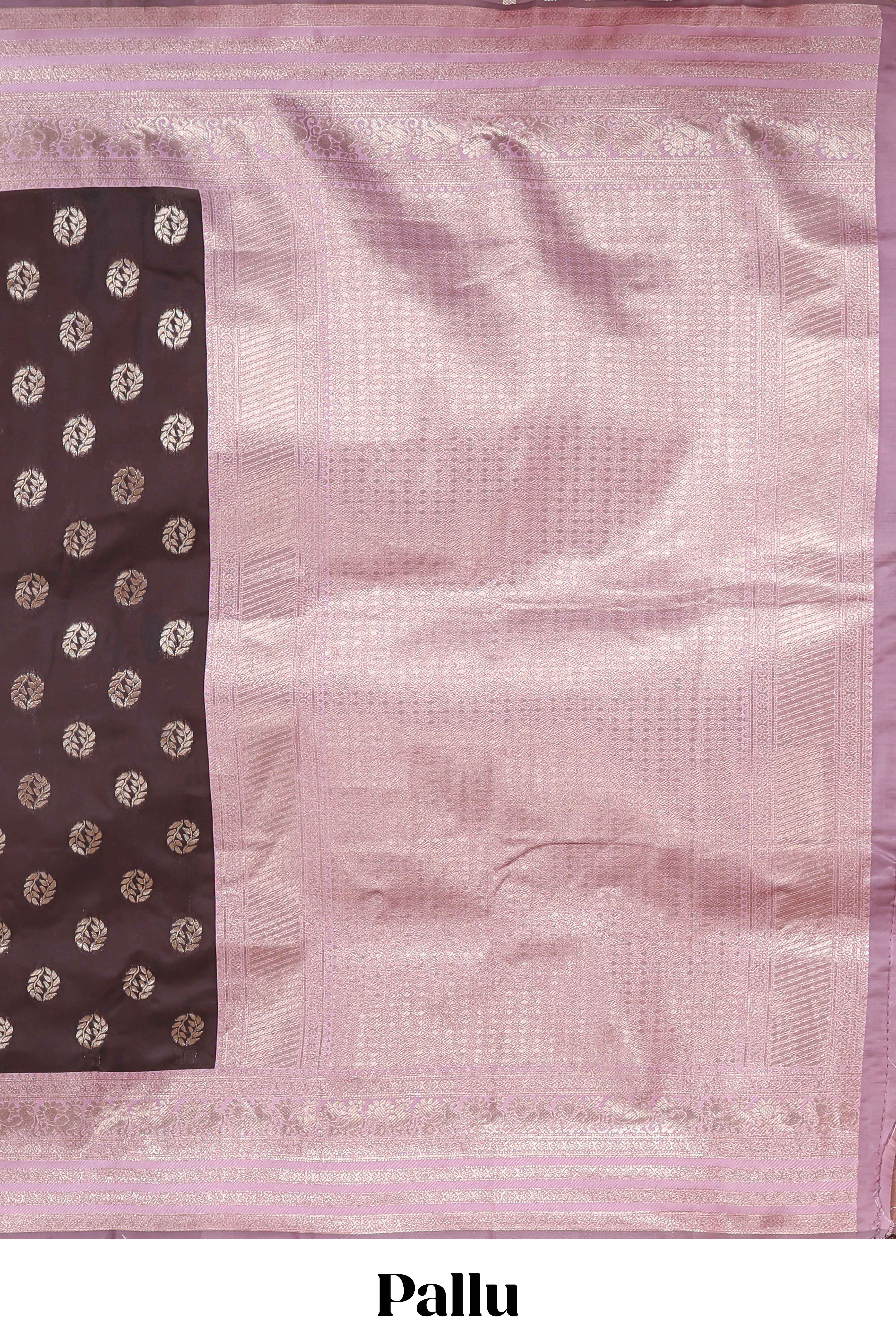 Dark brown zari butta design semi soft silk saree with contrast border and blouse