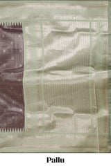 Dark brown zari checked design semi soft silk saree with contrast border and blouse