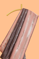Dark brown zari checked design semi soft silk saree with contrast border and blouse