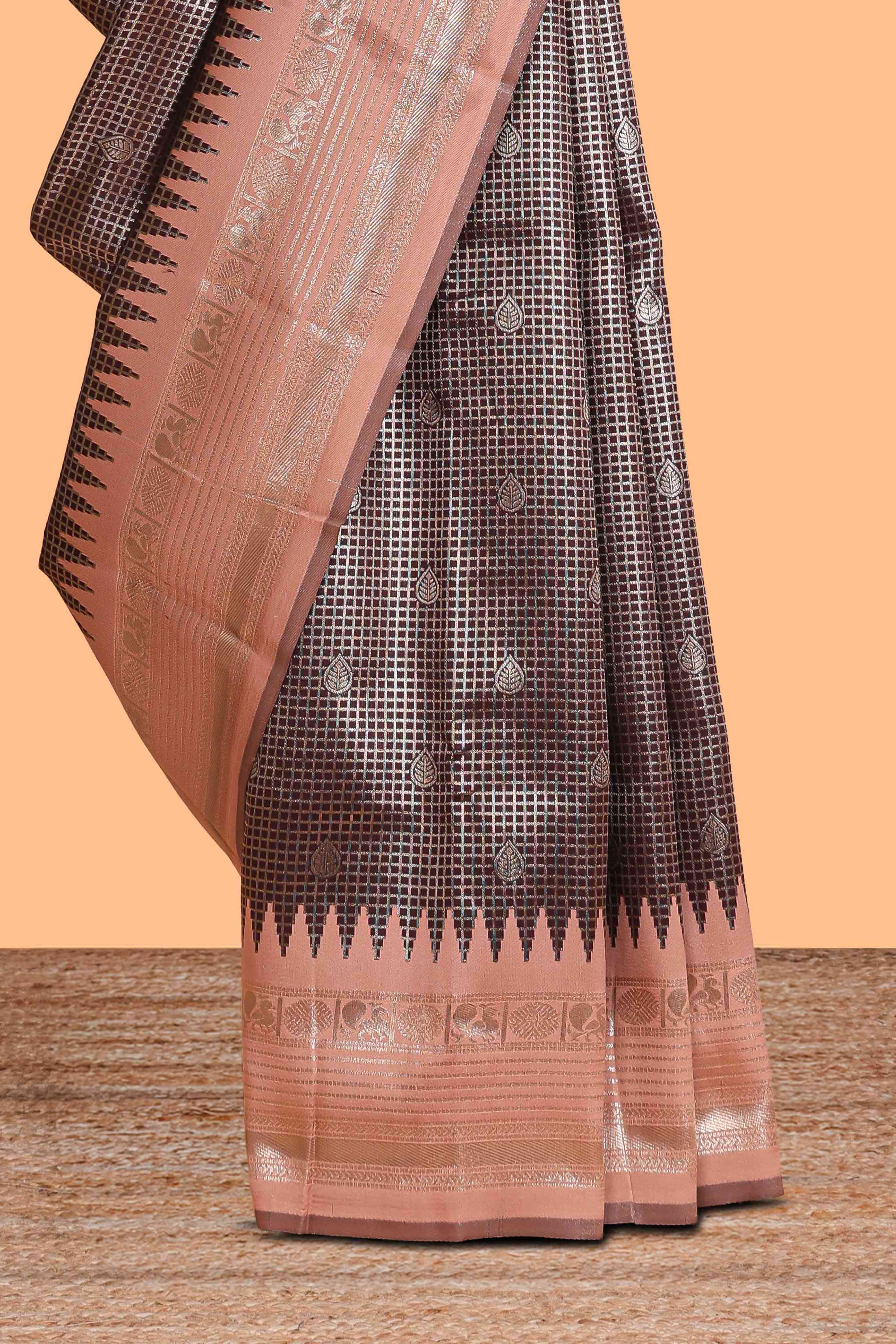 Dark brown zari checked design semi soft silk saree with contrast border and blouse