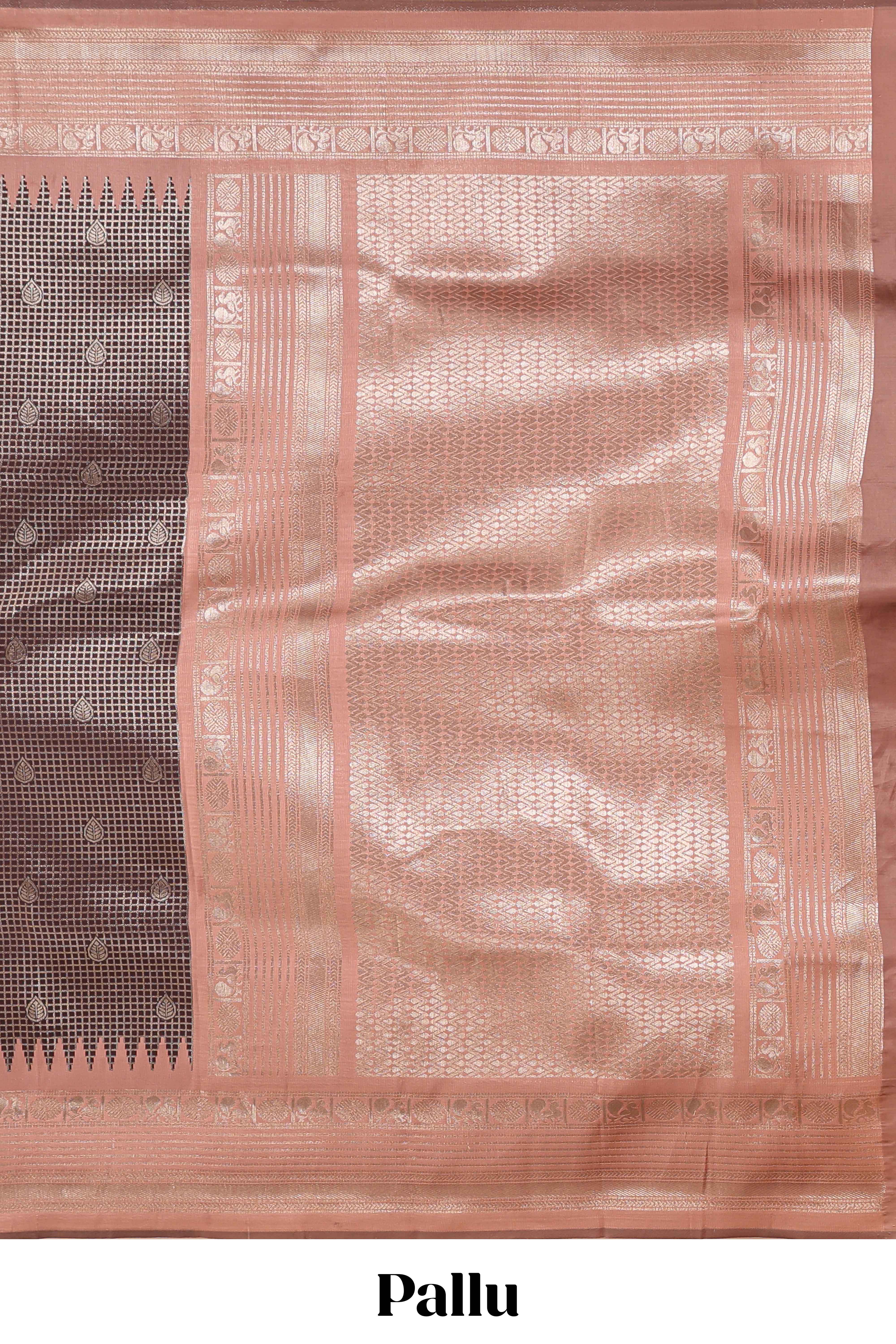 Dark brown zari checked design semi soft silk saree with contrast border and blouse