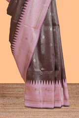 Dark brown zari checked design semi soft silk saree with contrast border and blouse