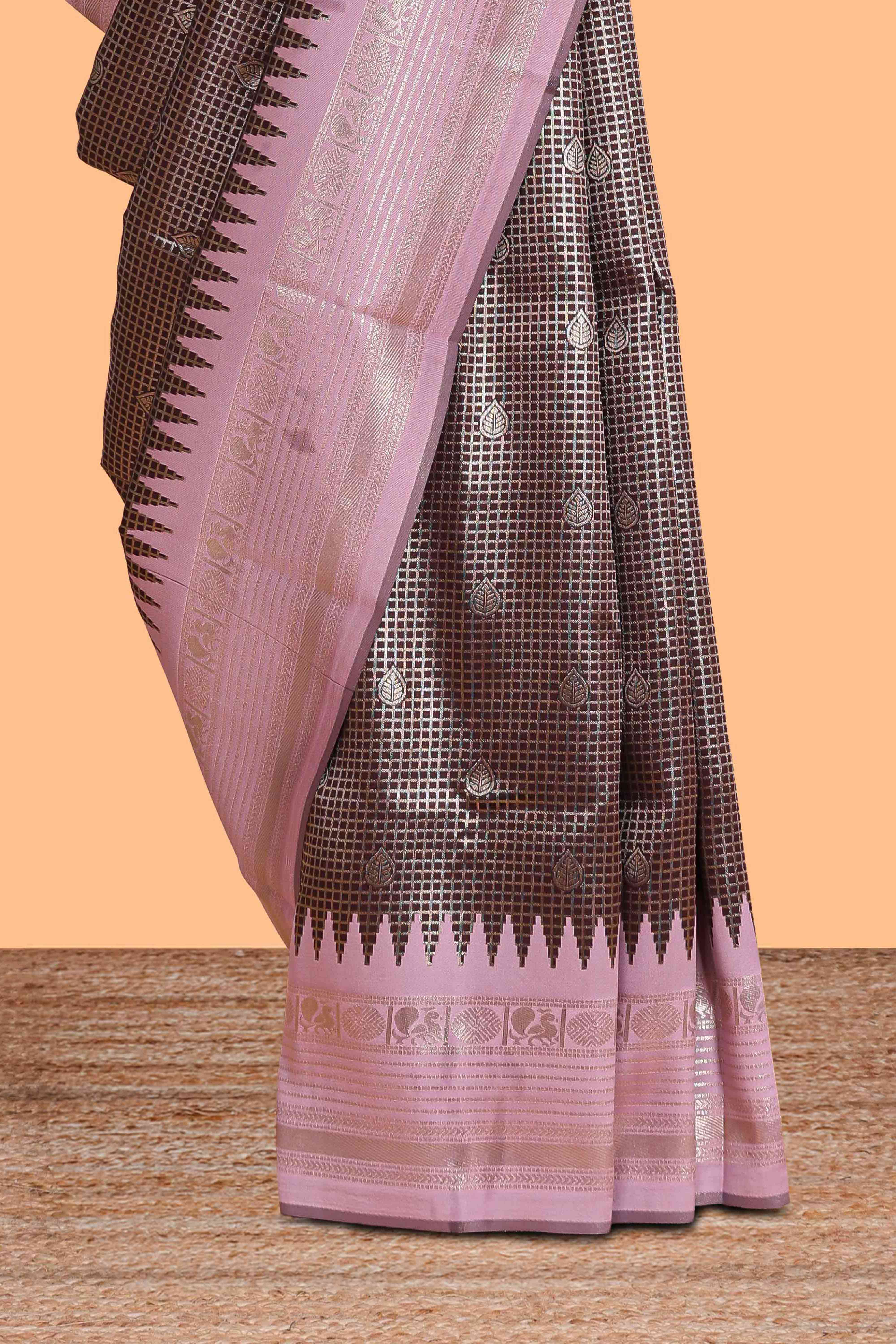 Dark brown zari checked design semi soft silk saree with contrast border and blouse