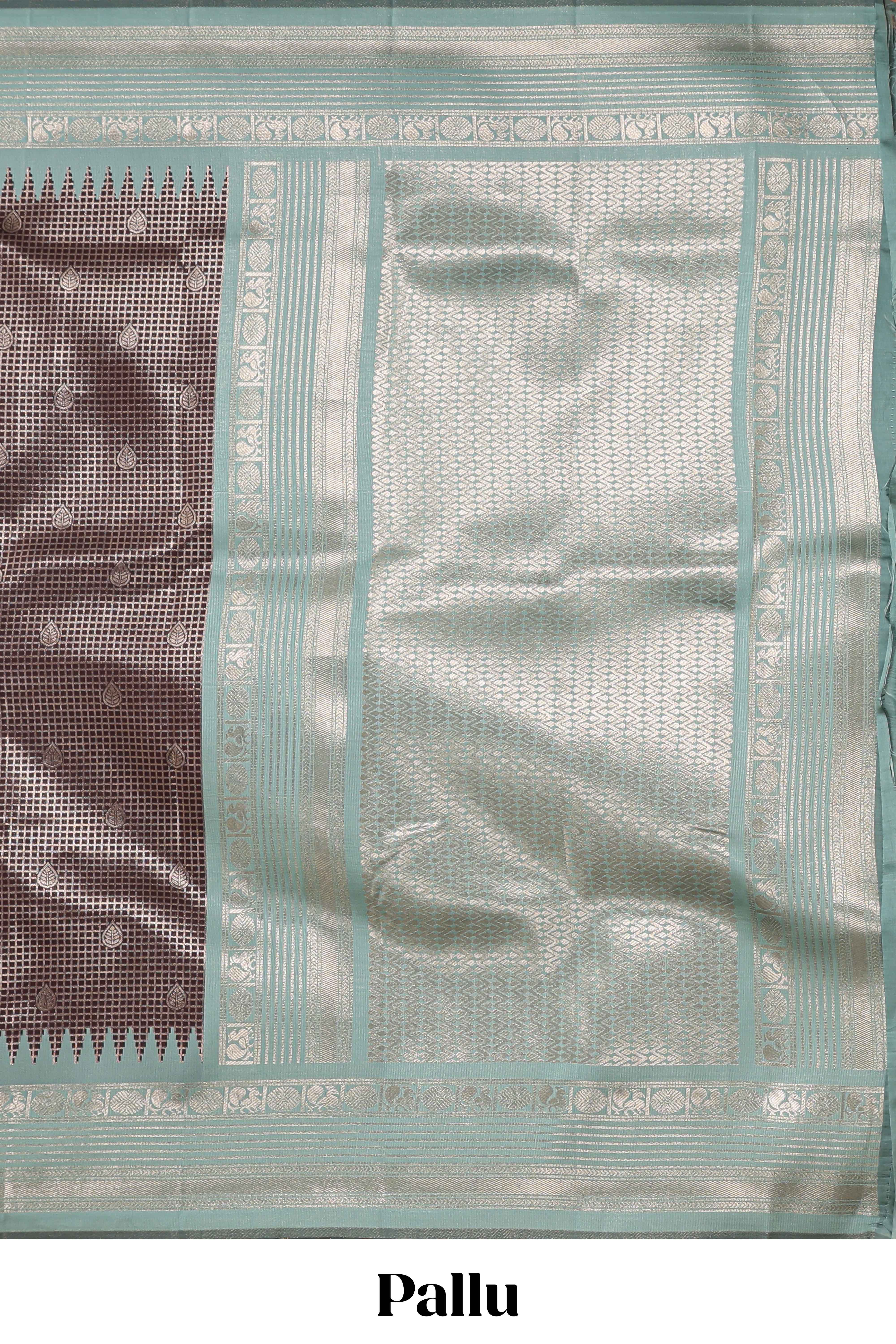 Dark brown zari checked design semi soft silk saree with contrast border and blouse