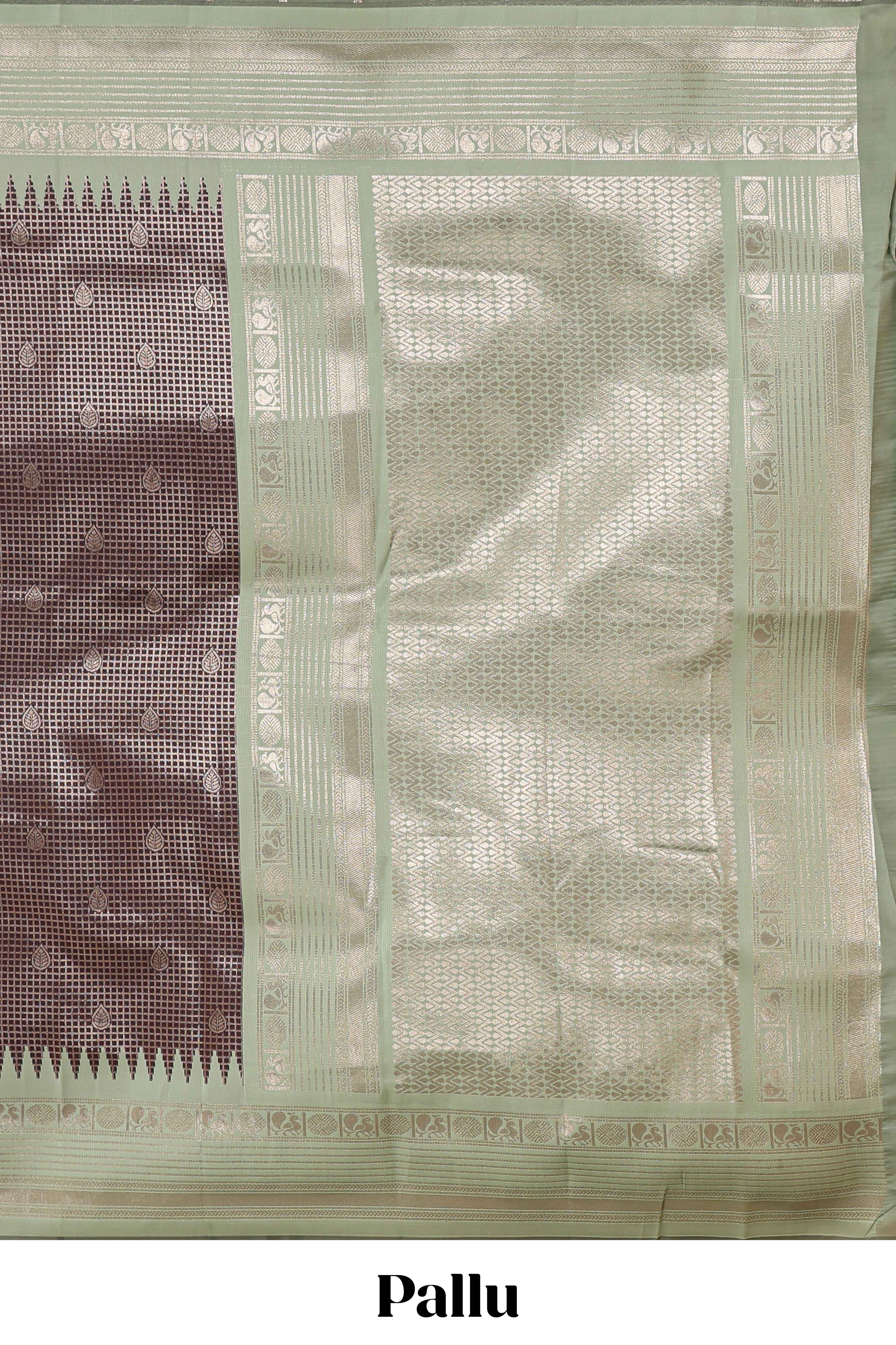 Dark brown zari checked design semi soft silk saree with contrast border and blouse