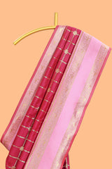 Maroon checked floral zari design semi soft silk saree with contrast bentex border and floral motifs blouse