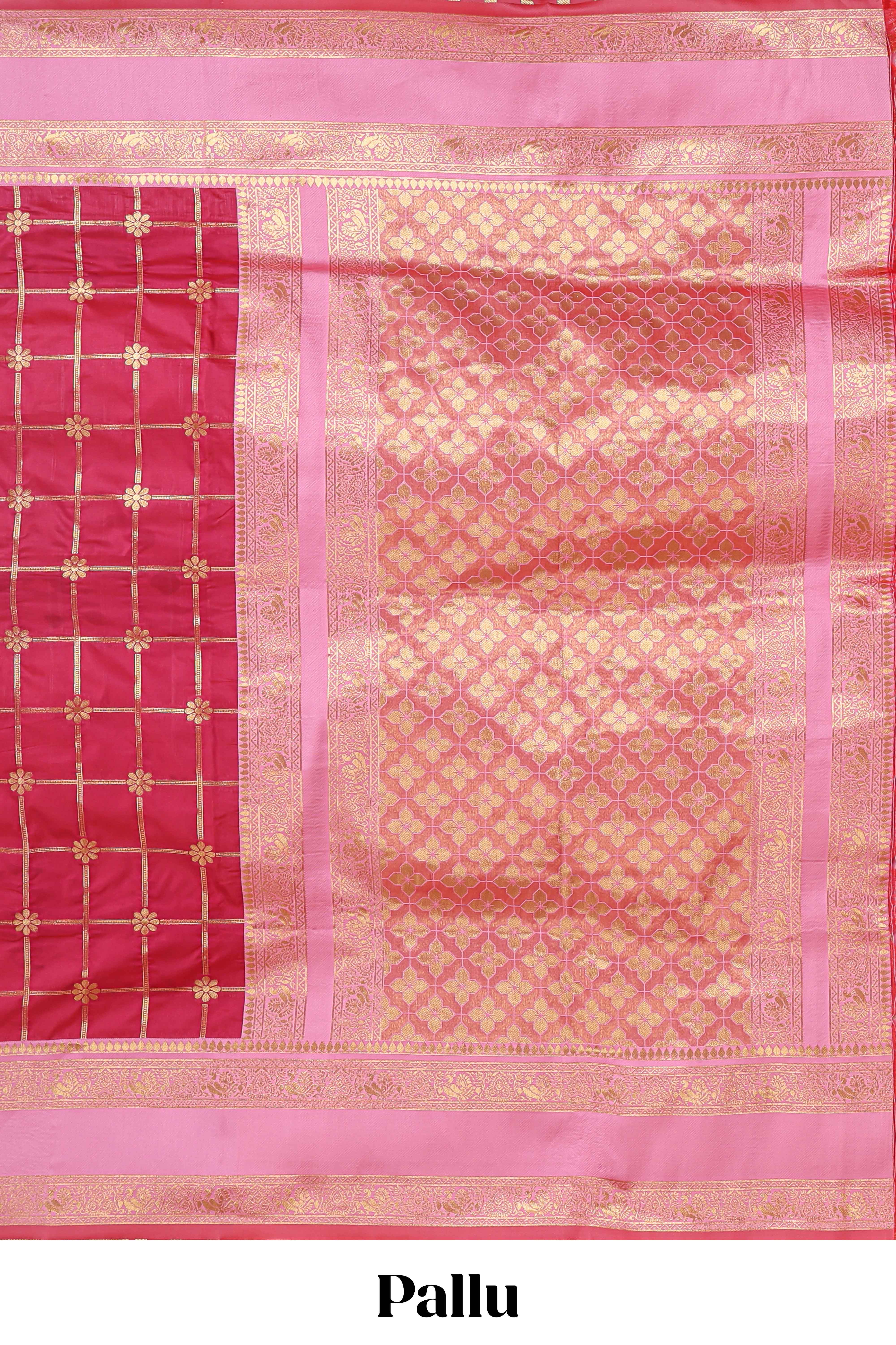 Maroon checked floral zari design semi soft silk saree with contrast bentex border and floral motifs blouse