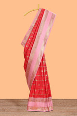 Red checked floral zari design semi soft silk saree with contrast bentex border and floral motifs blouse