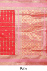 Red checked floral zari design semi soft silk saree with contrast bentex border and floral motifs blouse