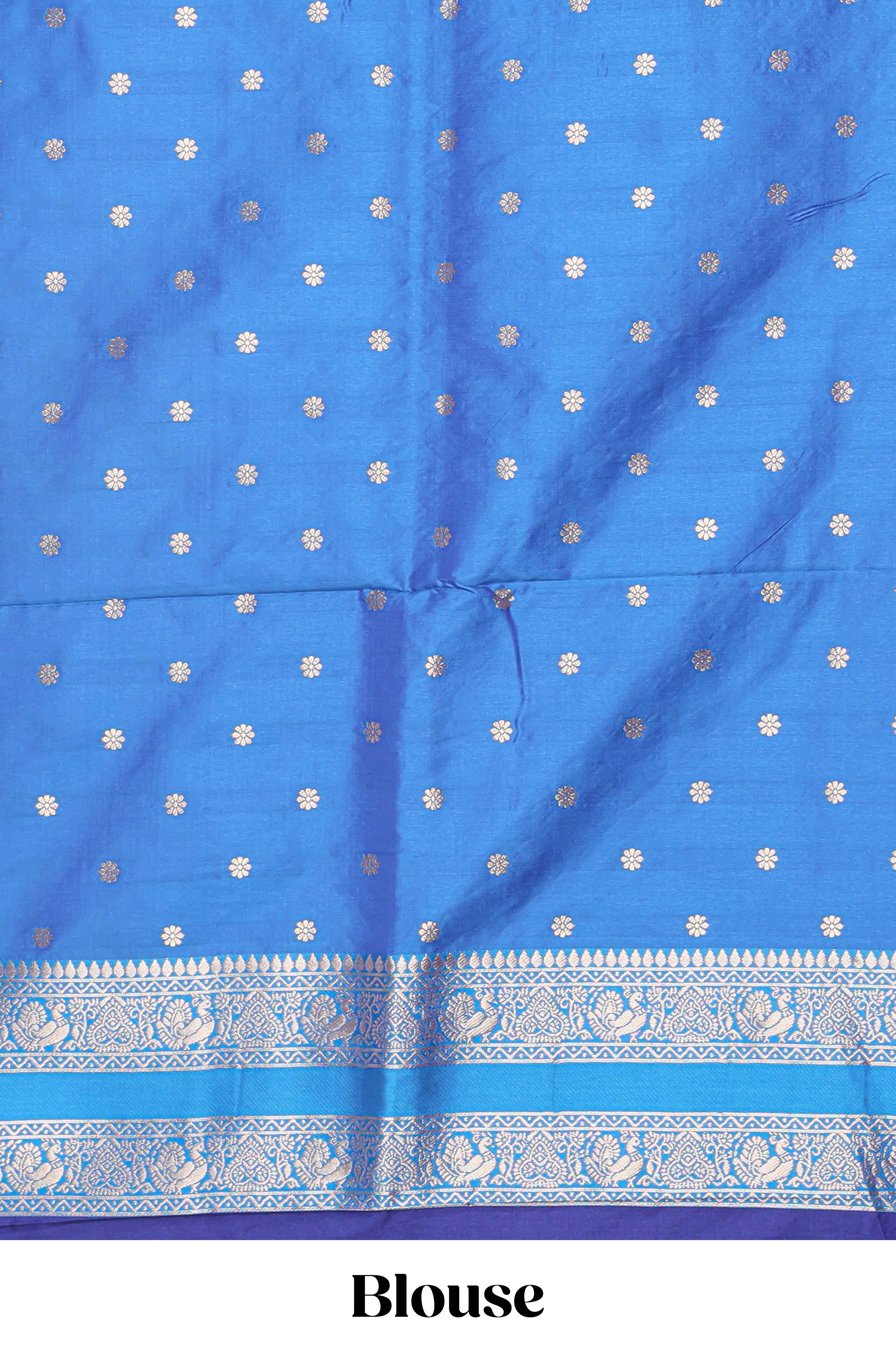 Blue checked floral zari design semi soft silk saree with contrast bentex border and floral motifs blouse