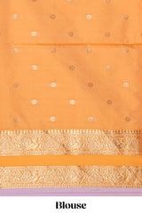 Pale lavender checked floral zari design semi soft silk saree with contrast bentex border and floral motifs blouse