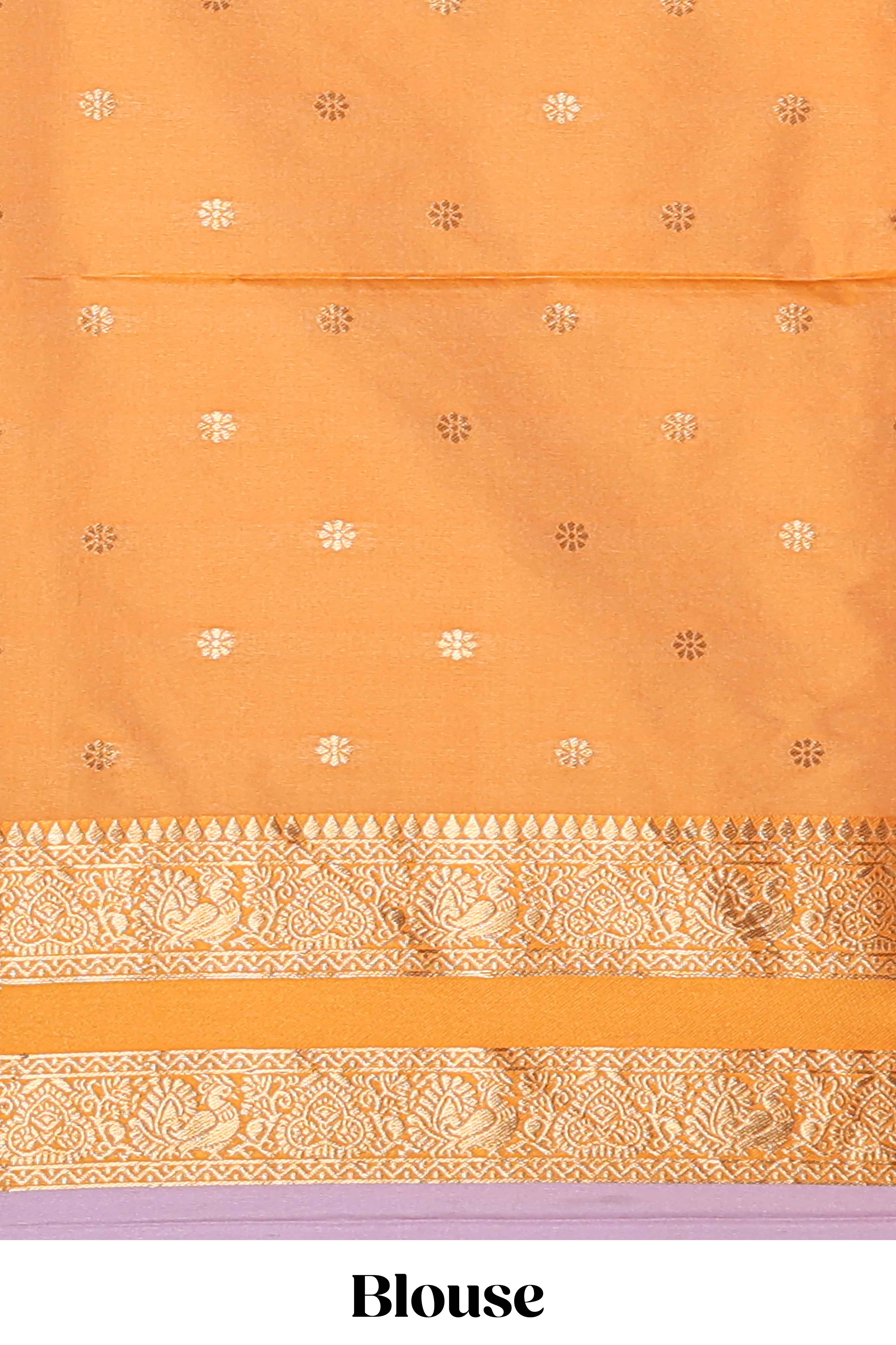 Pale lavender checked floral zari design semi soft silk saree with contrast bentex border and floral motifs blouse