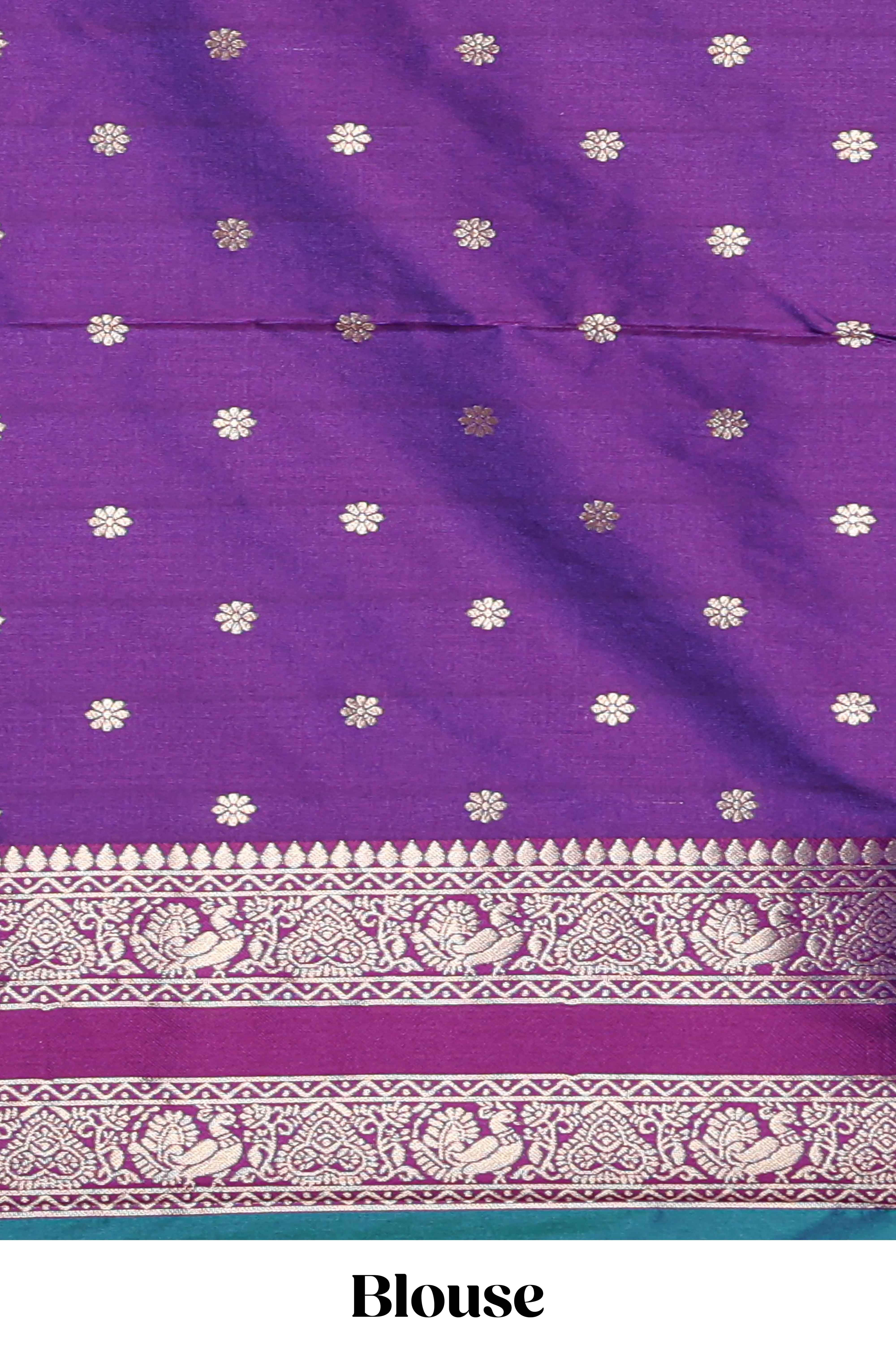 Green checked floral zari design semi soft silk saree with contrast bentex border and floral motifs blouse