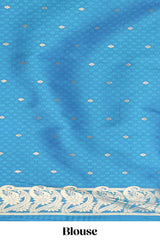 Borderless blue checked floral motifs zari design semi soft silk saree with matching zari motifs blouse