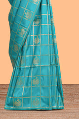 Borderless green checked floral motifs zari design semi soft silk saree with matching zari motifs blouse