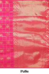 Borderless pink checked floral motifs zari design semi soft silk saree with matching zari motifs blouse