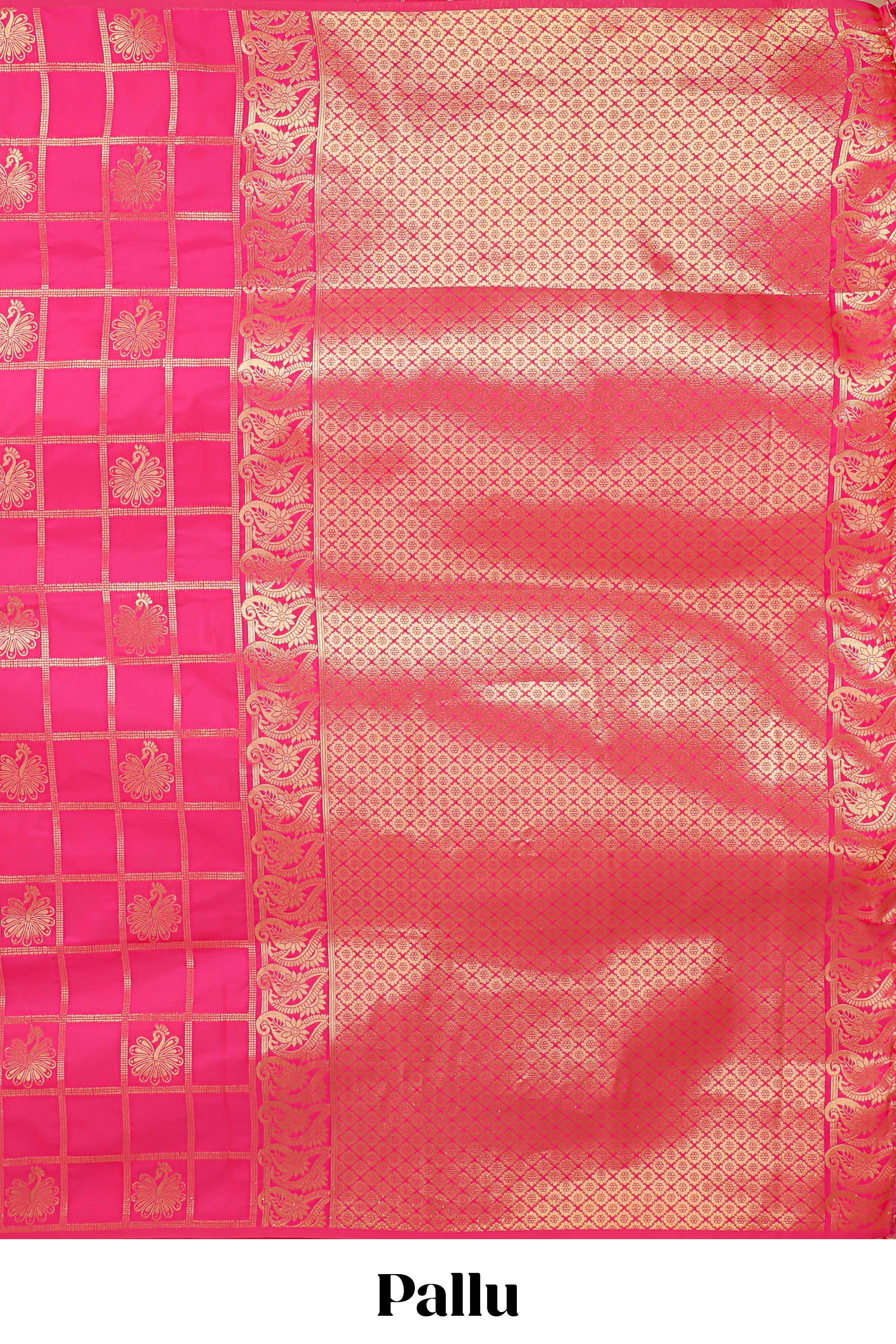 Borderless pink checked floral motifs zari design semi soft silk saree with matching zari motifs blouse