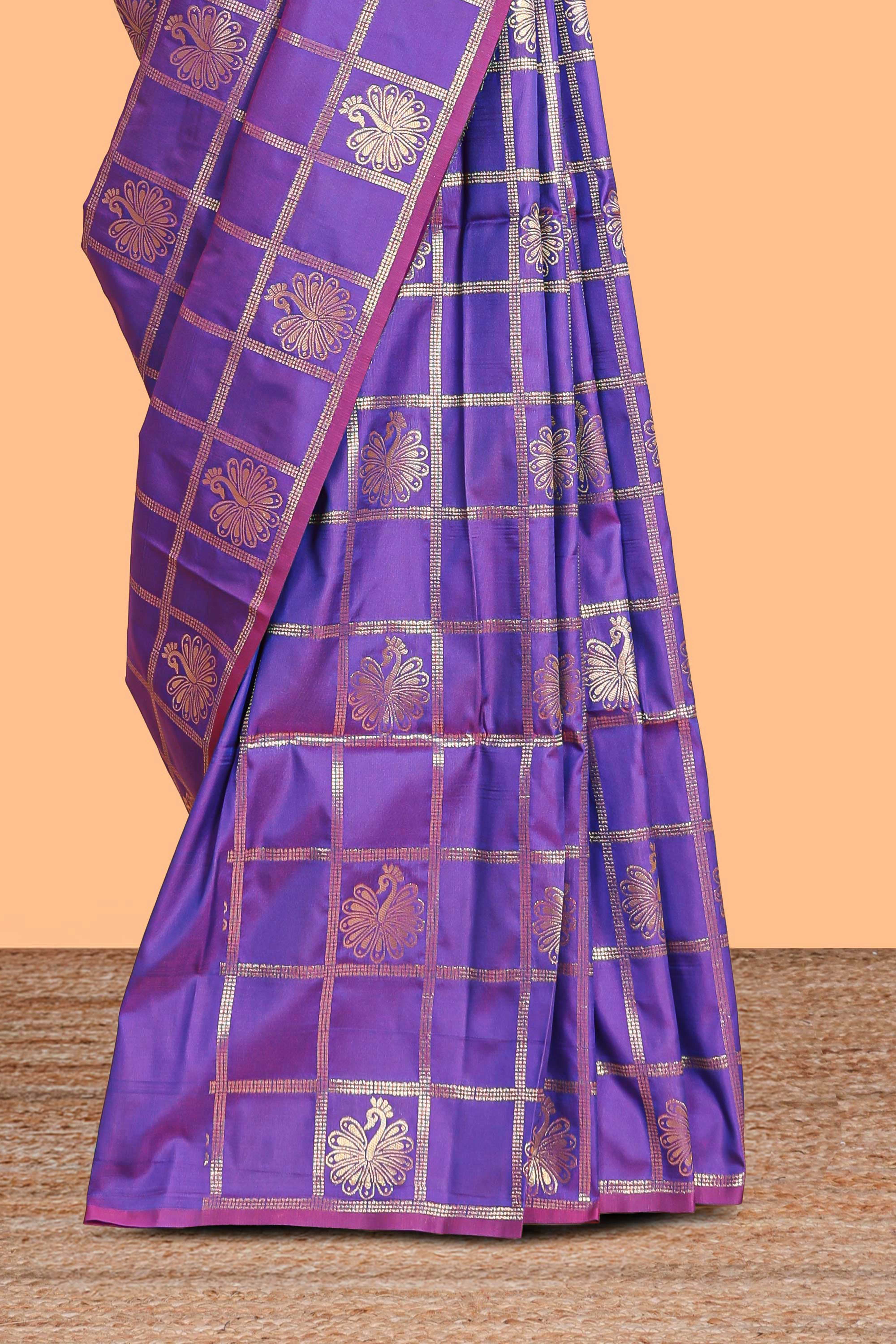 Borderless violet checked floral motifs zari design semi soft silk saree with matching zari motifs blouse