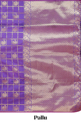 Borderless violet checked floral motifs zari design semi soft silk saree with matching zari motifs blouse