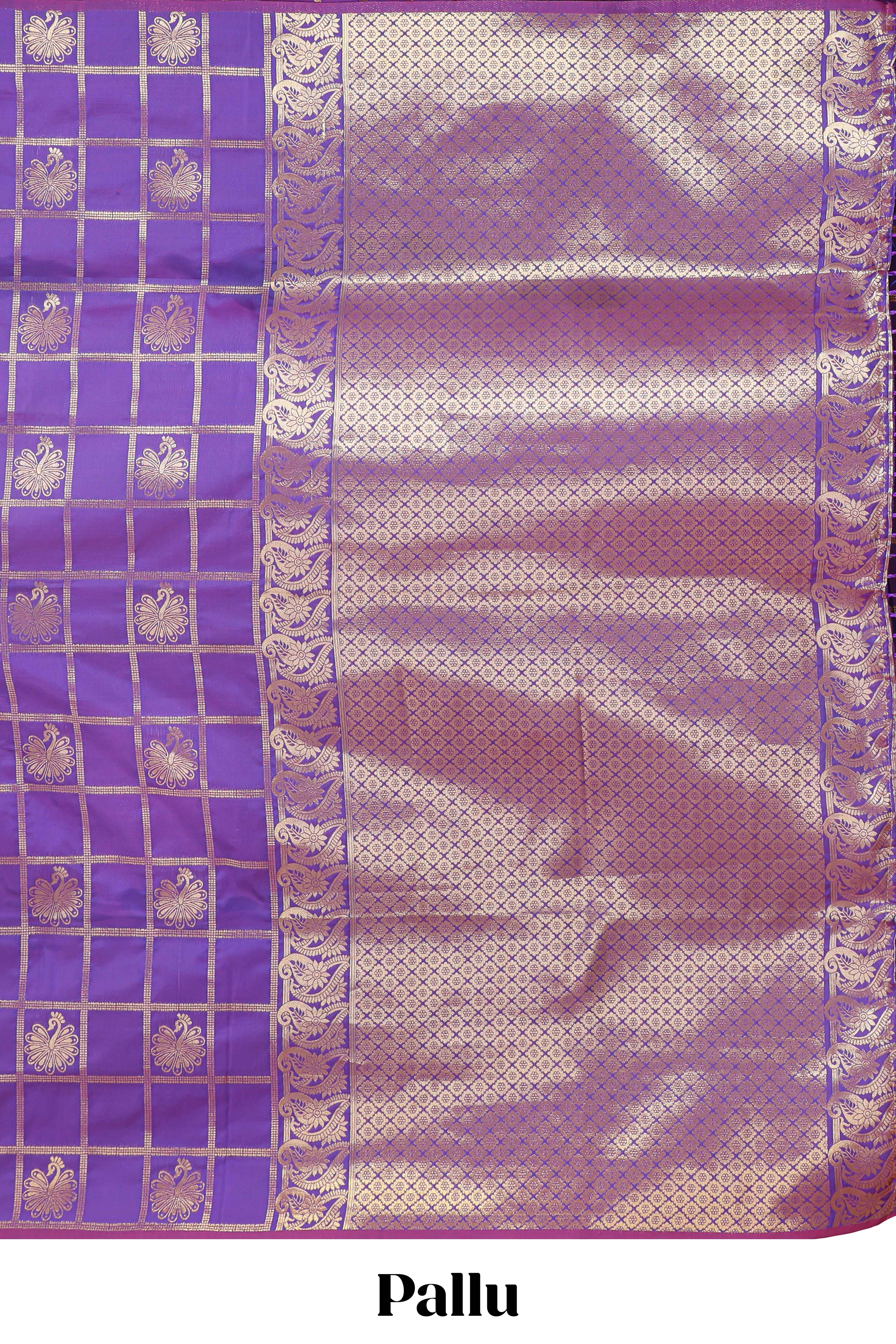 Borderless violet checked floral motifs zari design semi soft silk saree with matching zari motifs blouse