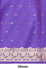 Borderless violet checked floral motifs zari design semi soft silk saree with matching zari motifs blouse
