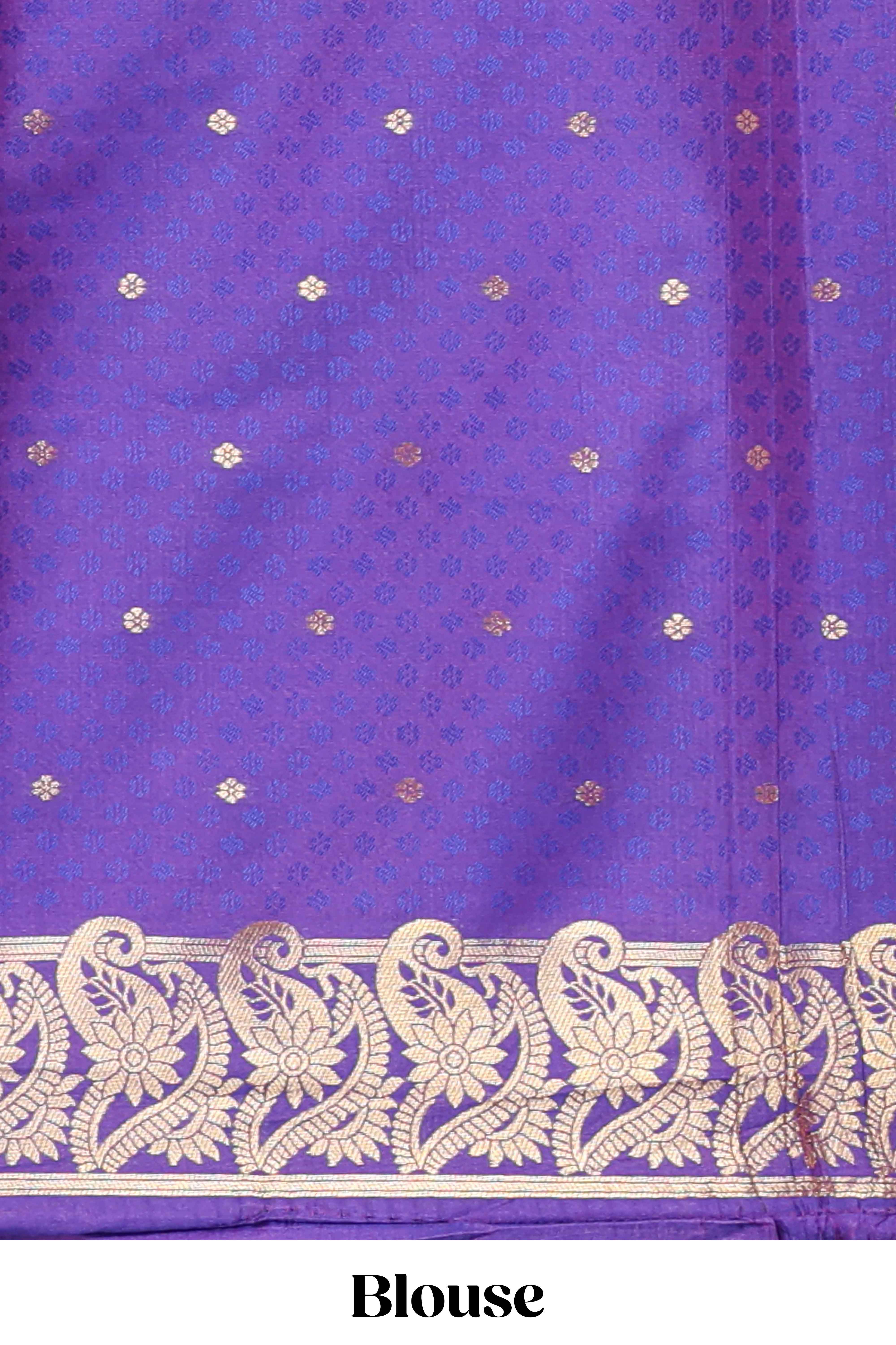 Borderless violet checked floral motifs zari design semi soft silk saree with matching zari motifs blouse