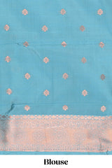 Blue checked floral motifs design semi soft silk saree with contrast zari border and floral motifs blouse