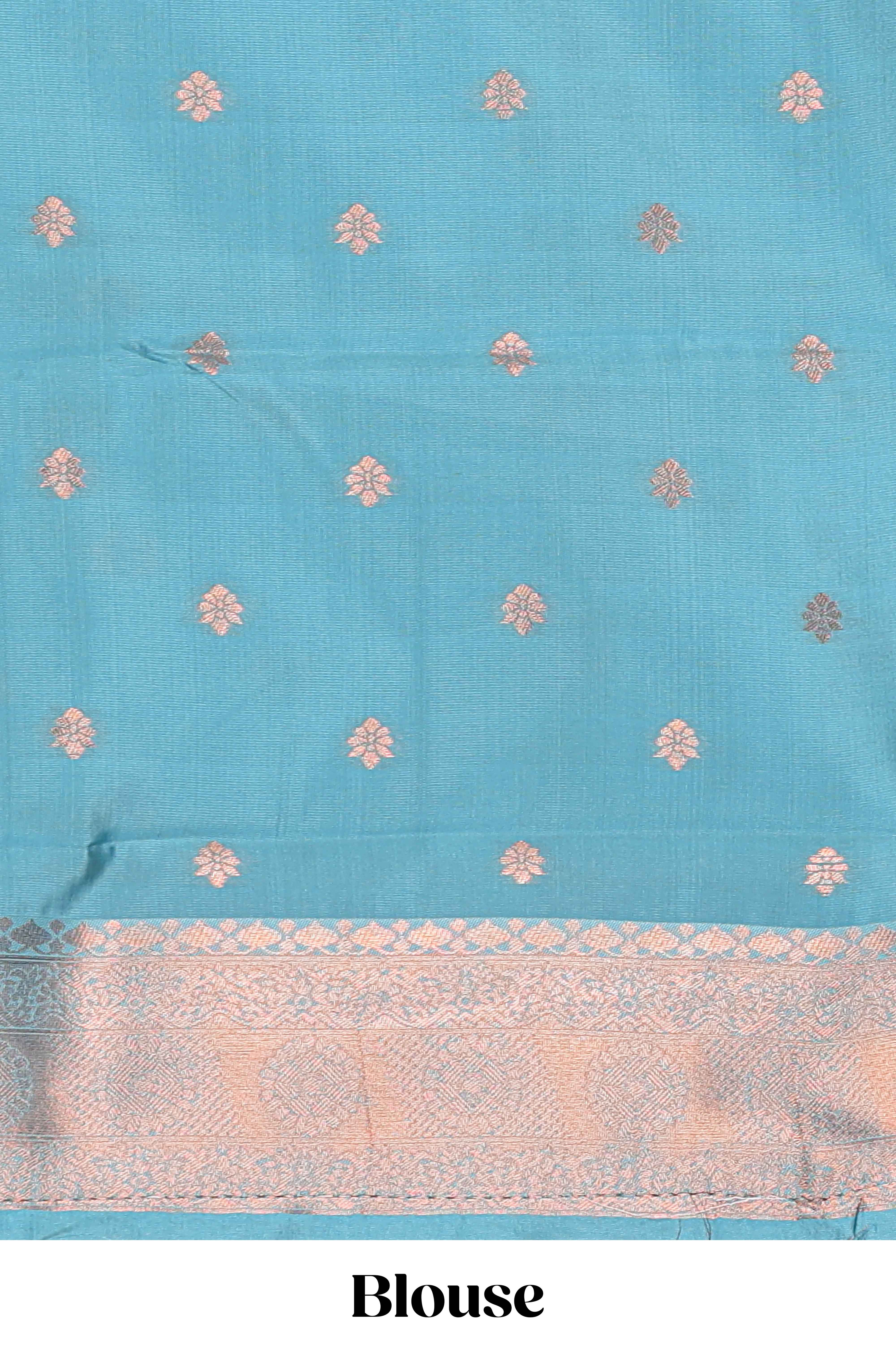 Blue checked floral motifs design semi soft silk saree with contrast zari border and floral motifs blouse
