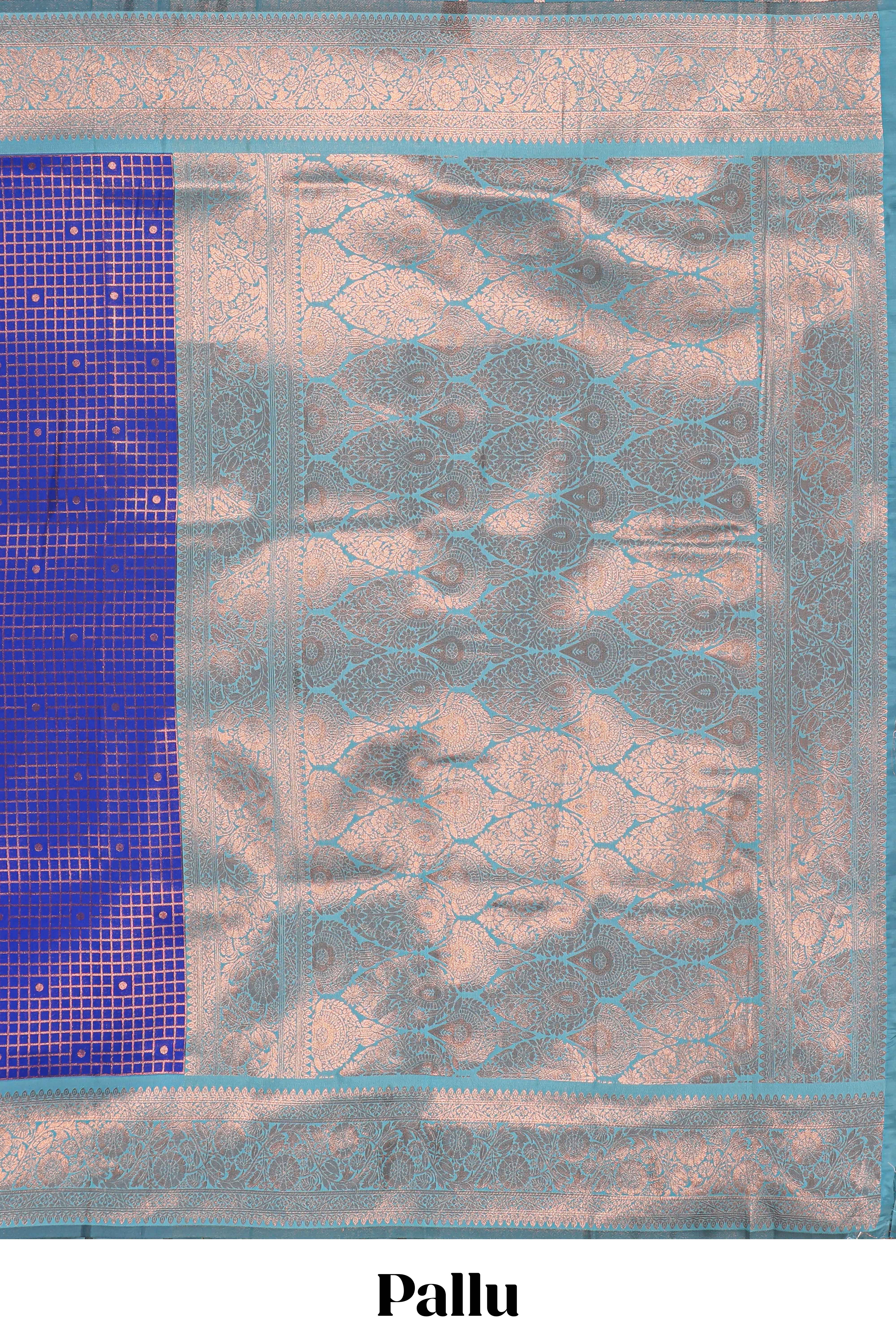 Blue checked & dotted motifs semi soft silk saree with contrast zari border and floral motifs blouse