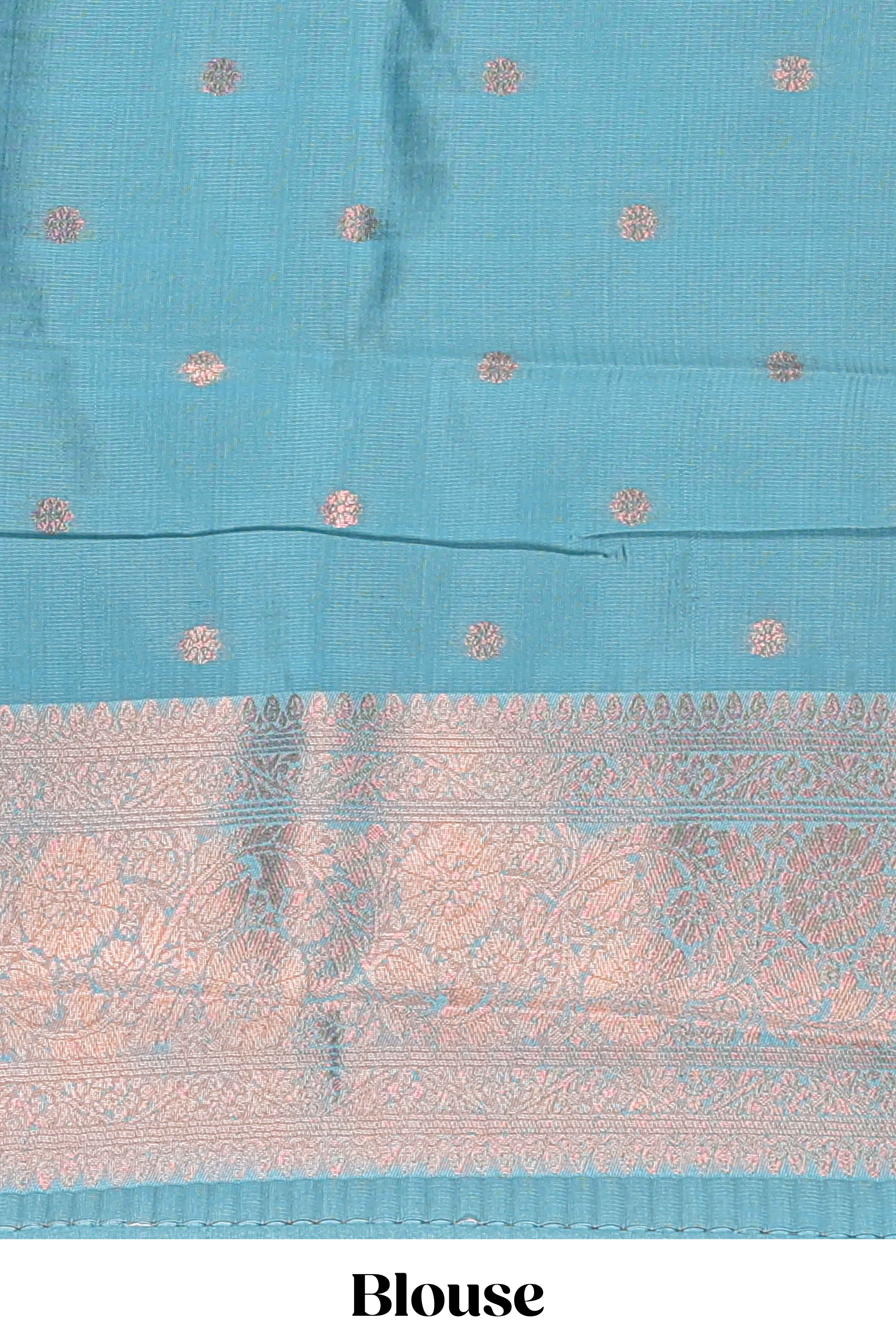 Blue checked & dotted motifs semi soft silk saree with contrast zari border and floral motifs blouse