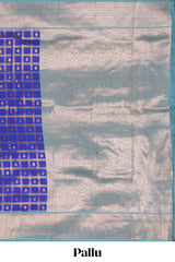 Blue checked floral design motifs semi soft silk saree with contrast zari border and floral motifs blouse