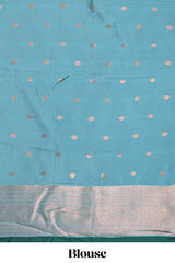 Blue checked floral design motifs semi soft silk saree with contrast zari border and floral motifs blouse