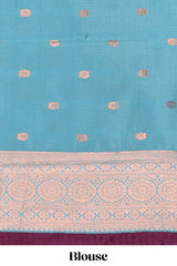 Blue checked floral design motifs semi soft silk saree with contrast zari border and floral motifs blouse