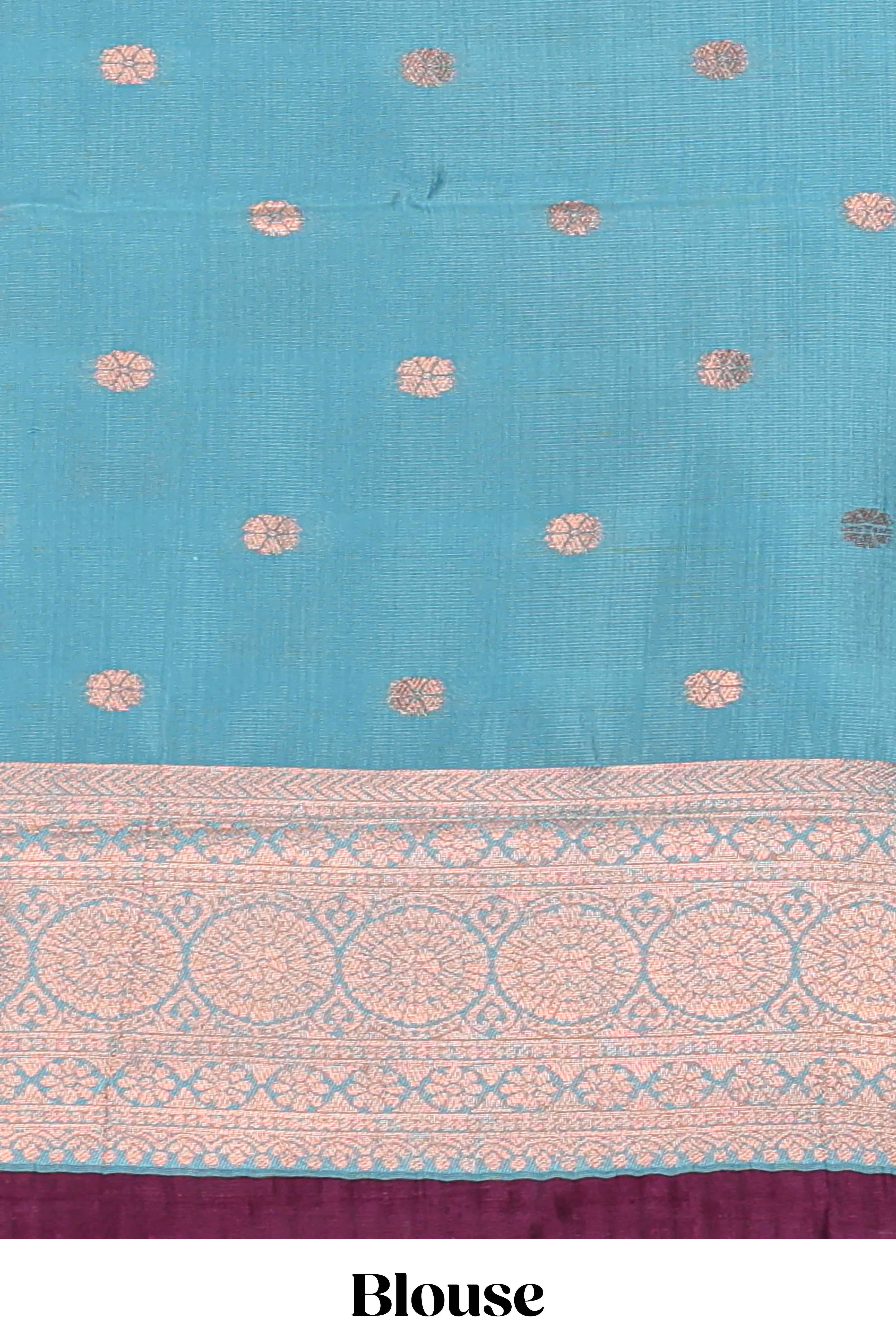 Blue checked floral design motifs semi soft silk saree with contrast zari border and floral motifs blouse