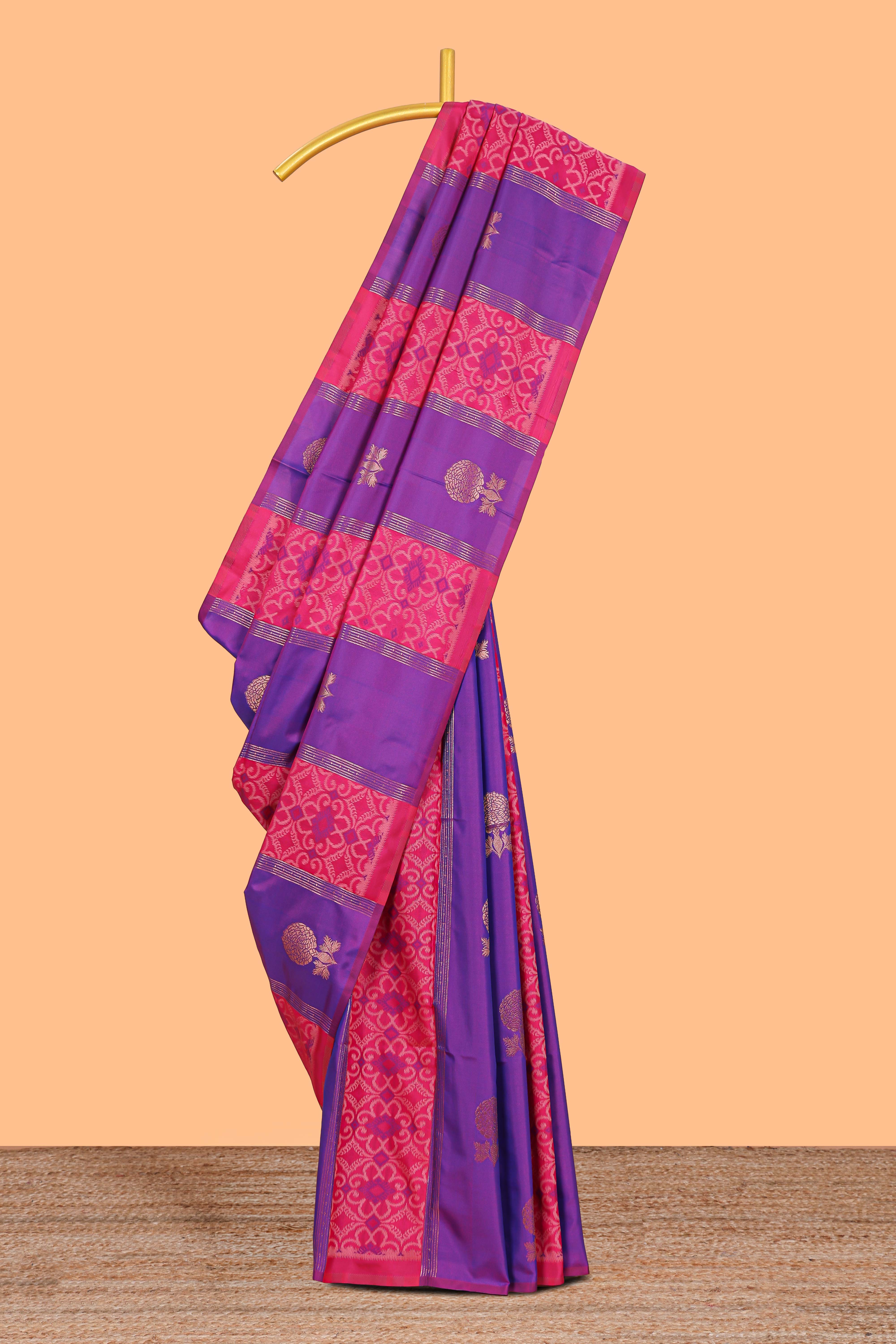 Borderless pink striped floral design smi soft silk saree with matching zari motifs blouse