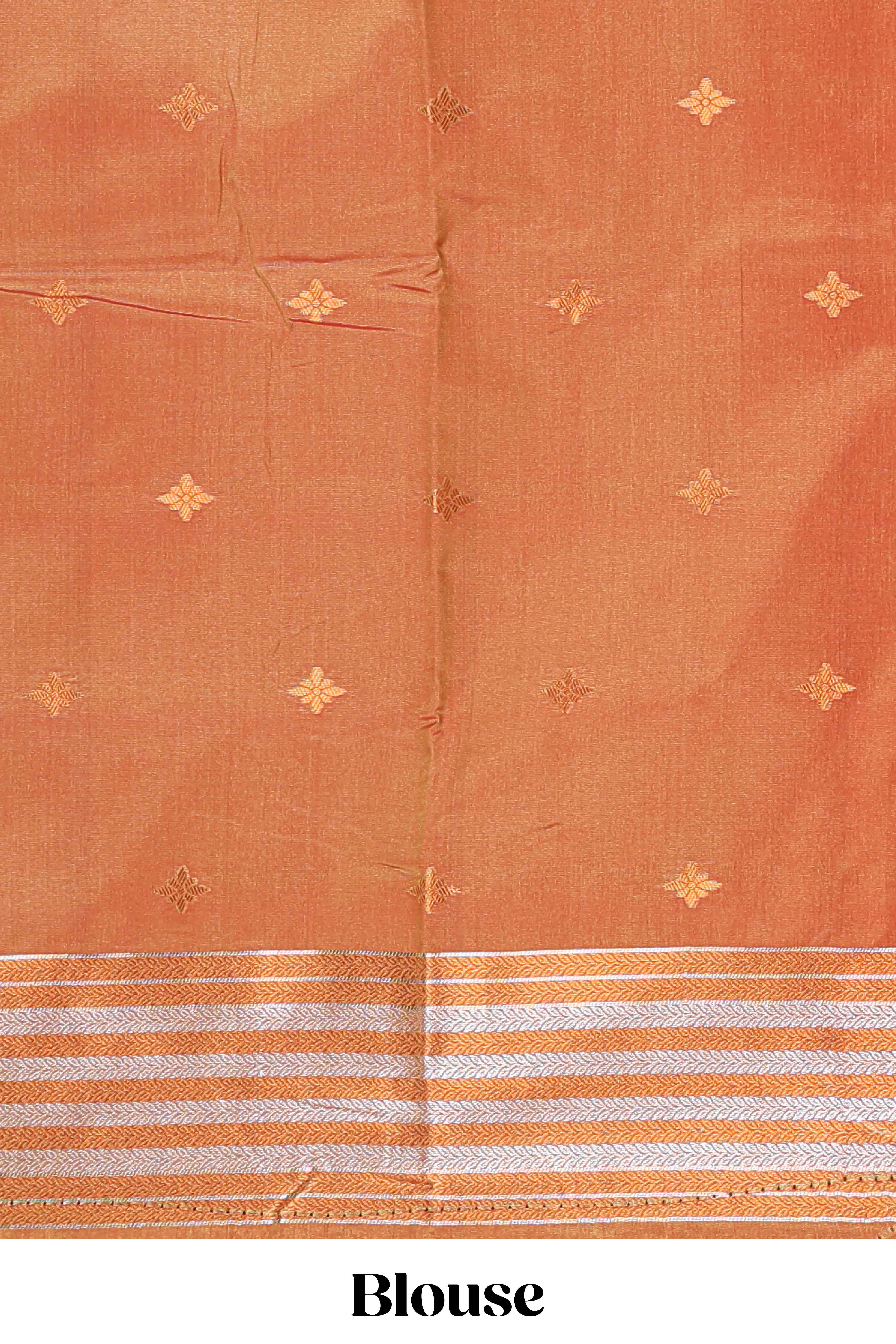 Green colour semi soft silk Woven Zari-Inspired Motifs and Geometric Weave Design border with contrast pallu and blouse