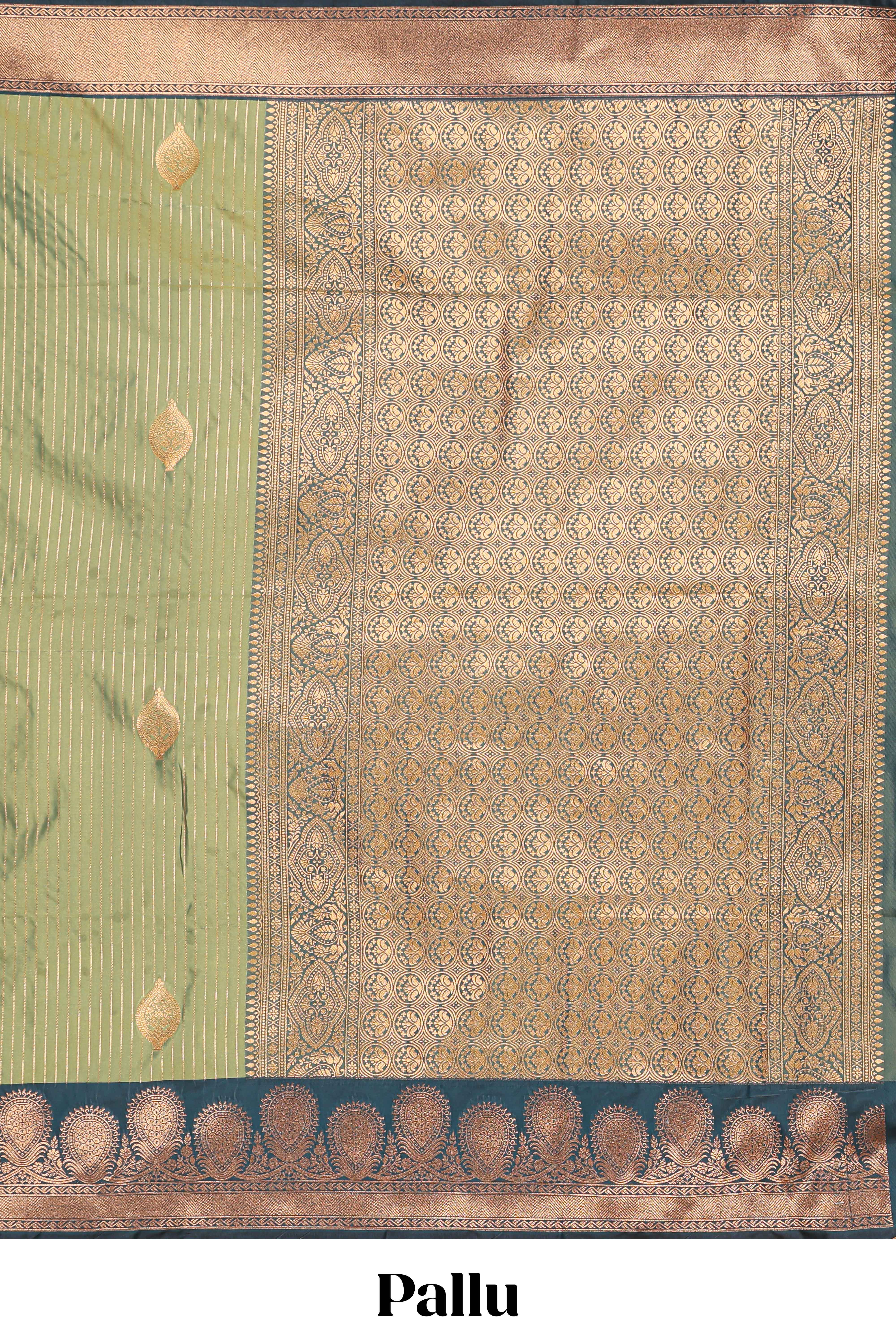 Green colour semi soft silk all over zari striped pattern with contrast zari weaving border and contrast buttas weaving blouse