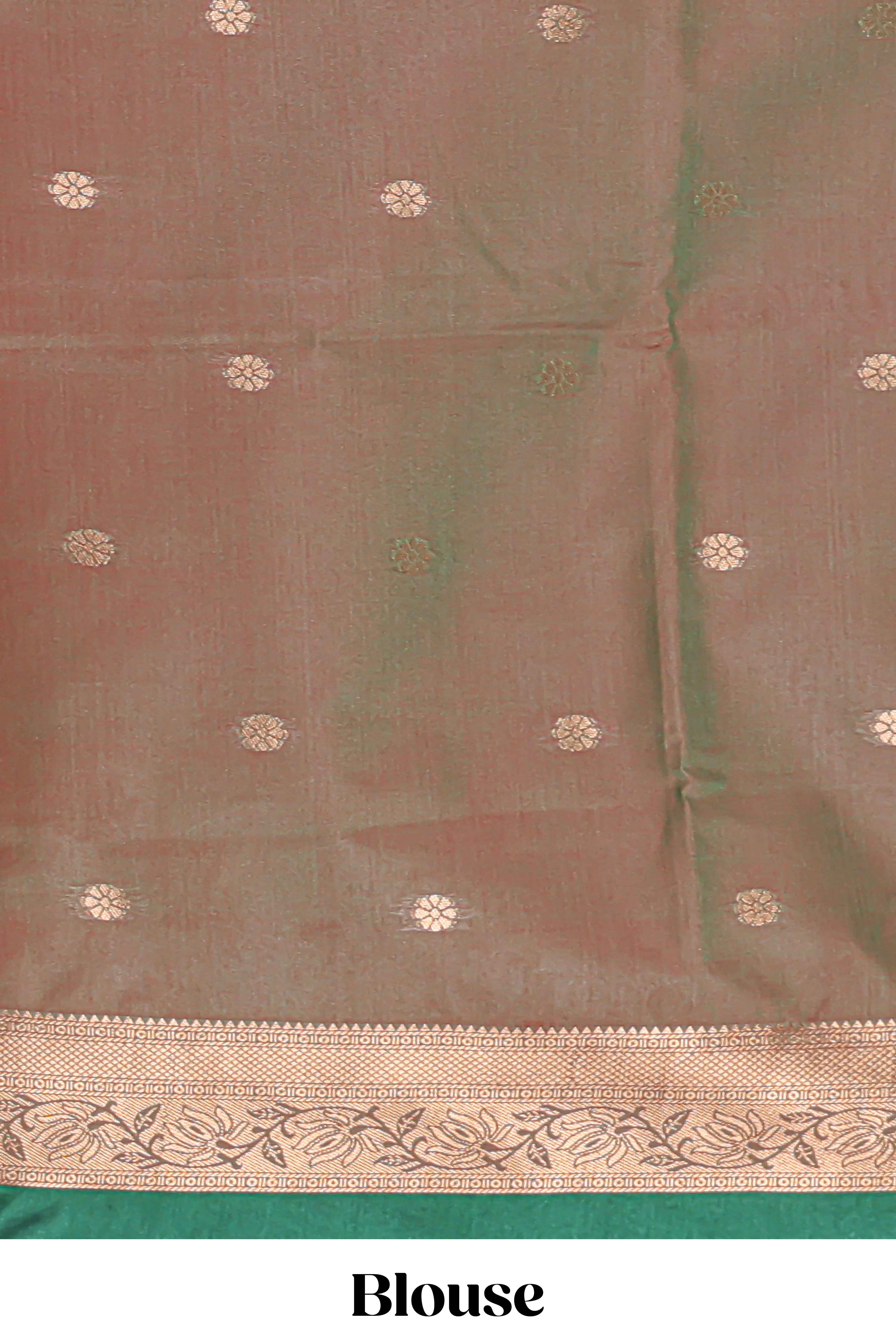 Bottle Green colour semi soft silk all over zari weave motifs with zari weaving border and contrast buttas weaving blouse