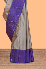 Grey colour semi soft silk all over thread weave flower and stripes pattern with Contrast border and contrast buttas blouse