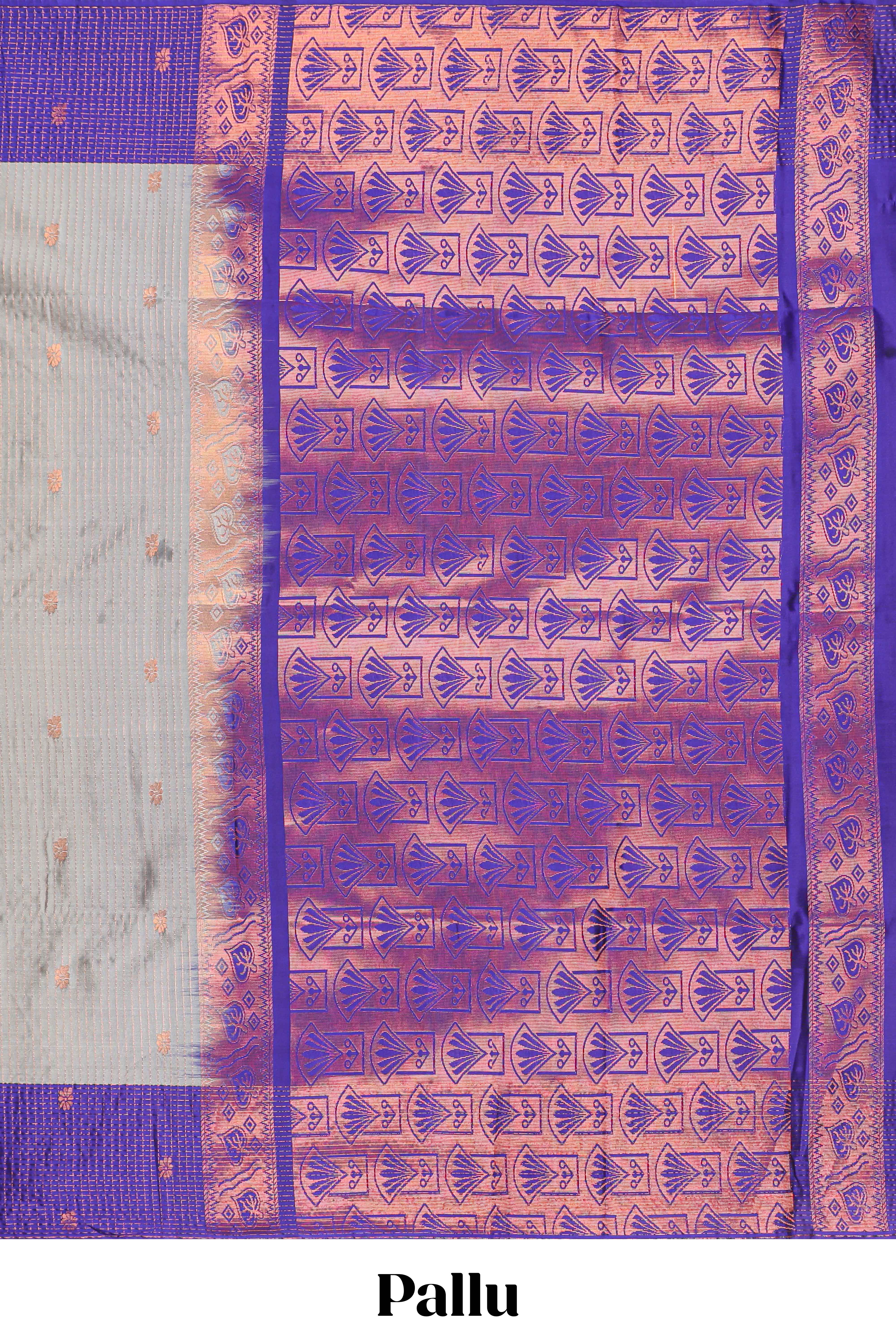 Grey colour semi soft silk all over thread weave flower and stripes pattern with Contrast border and contrast buttas blouse