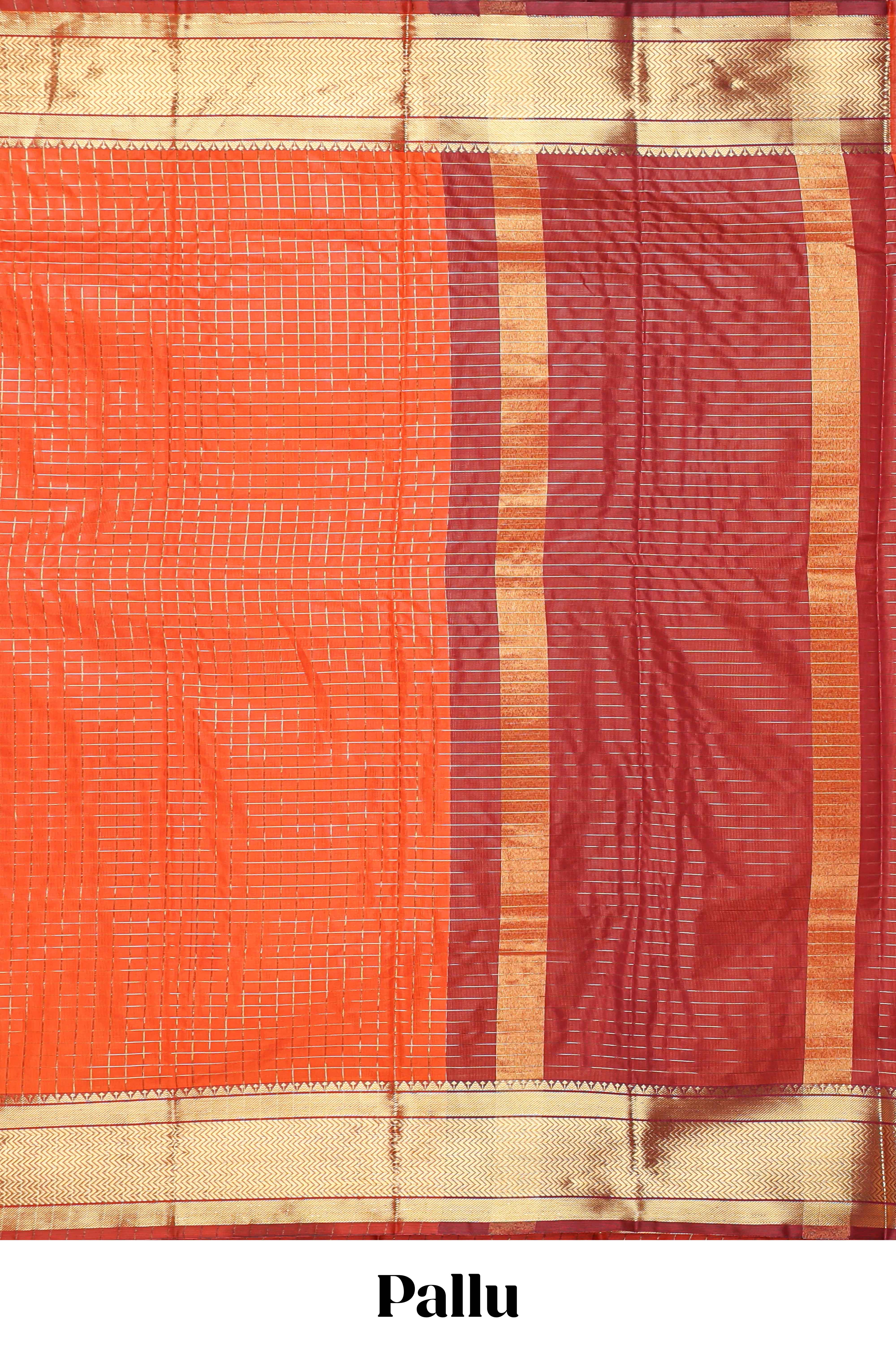 Orange colour semi soft silk all over checked pattern andContrast zari weaving border and contrastblouse