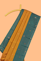 Mustard Yellow colour semi soft silk all over thread weave flower and stripes pattern with Contrast border and contrast buttas blouse