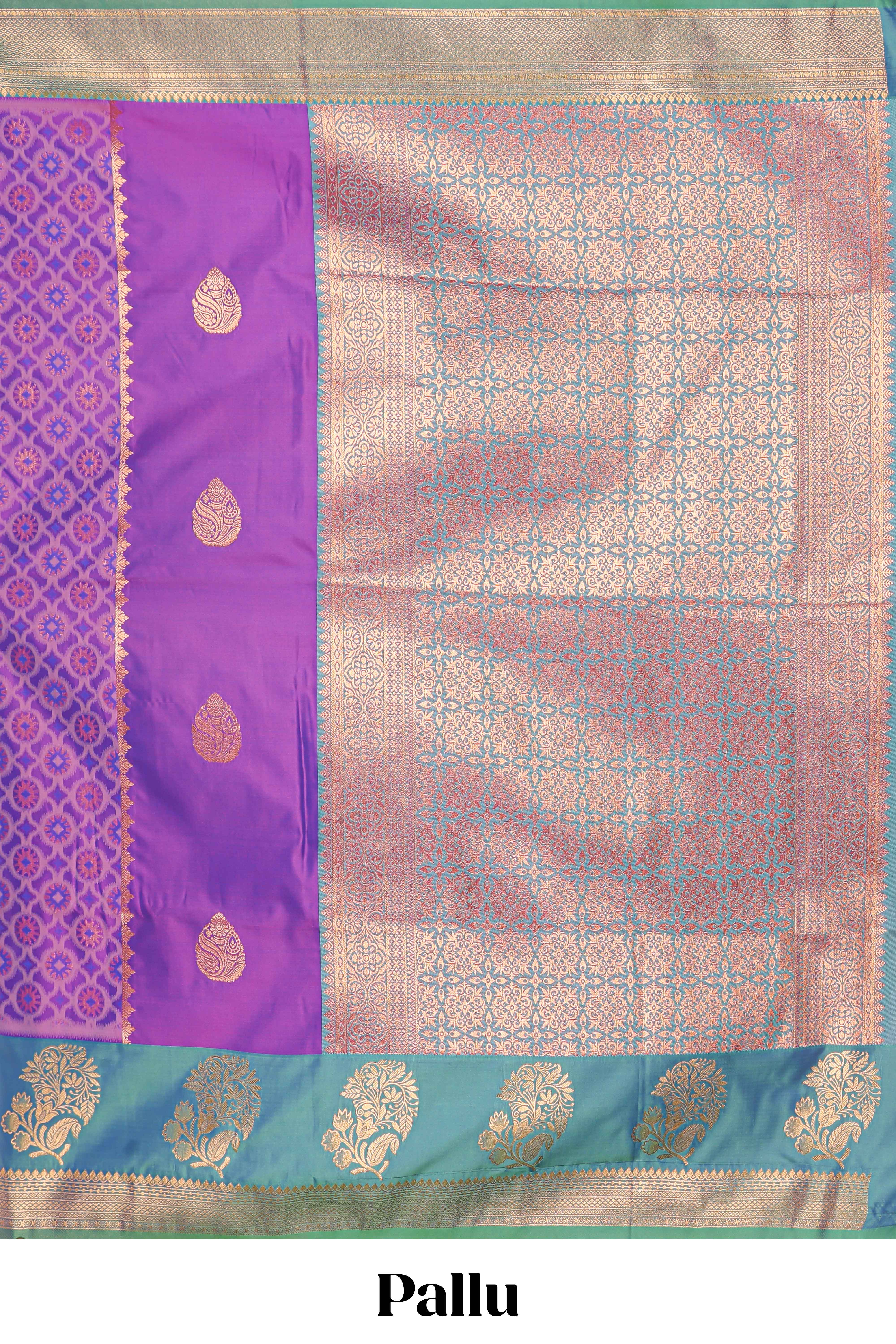 Royal Purple colour semi soft silk Zari-Woven Floral and Peacock Motifs with Gold-Tone Zari border and contrast buttas blouse