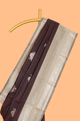 Wine Brown Semi Silk Saree Gold Zari Woven Paisley Motifs with Woven Zari Border and Contrast Blouse