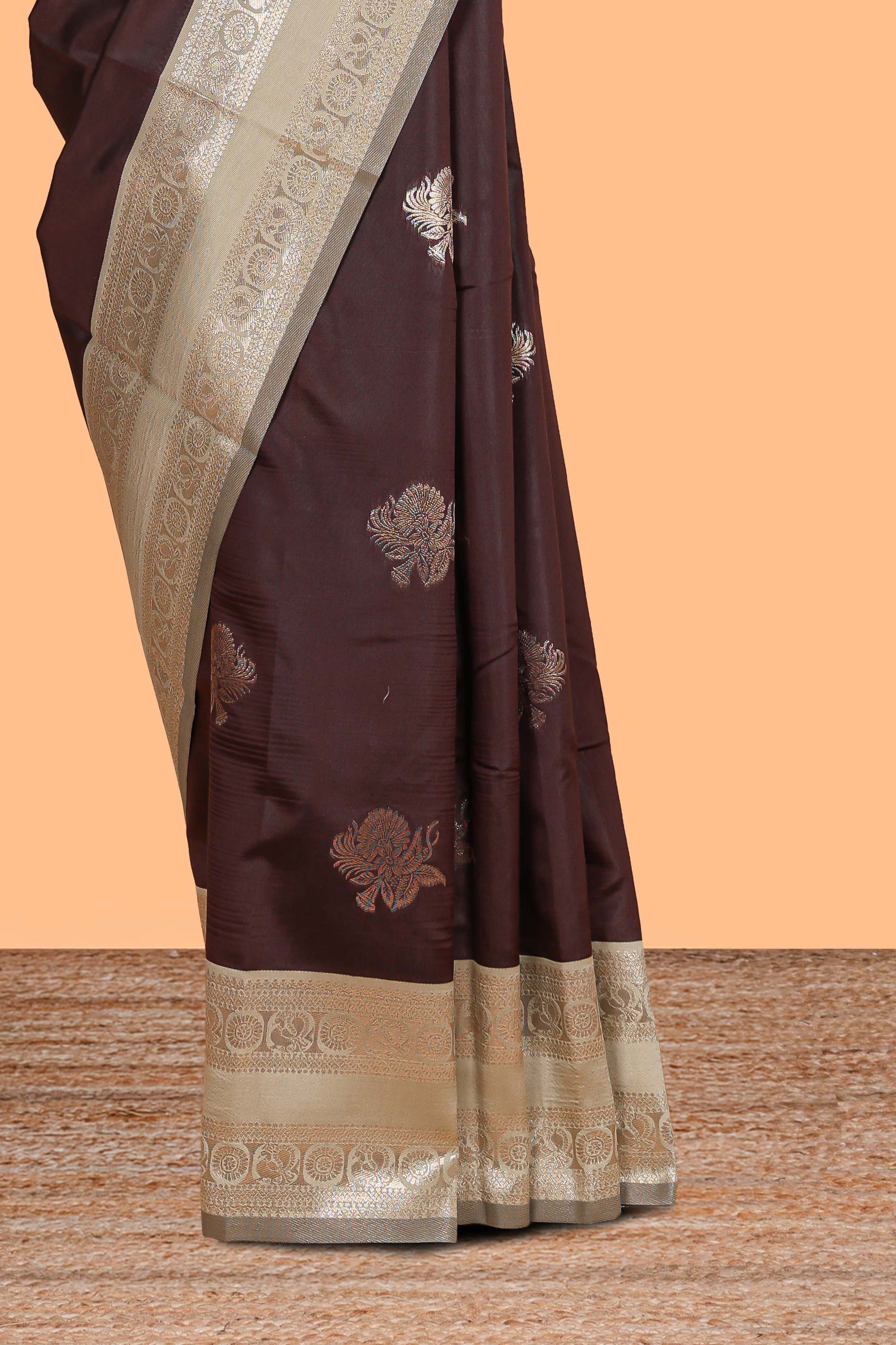 Wine Brown Semi Silk Saree Gold Zari Woven Paisley Motifs with Woven Zari Border and Contrast Blouse